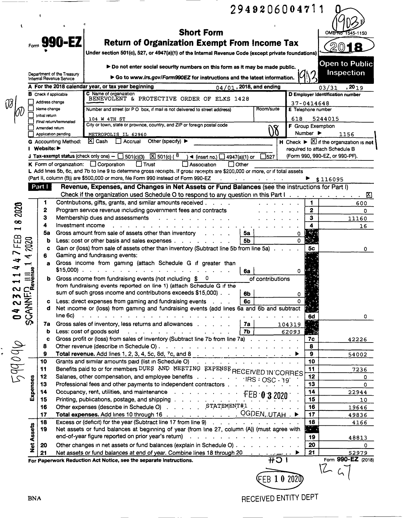 Image of first page of 2018 Form 990EO for Benevolent and Protective Order of Elks - 1428 Metropolis