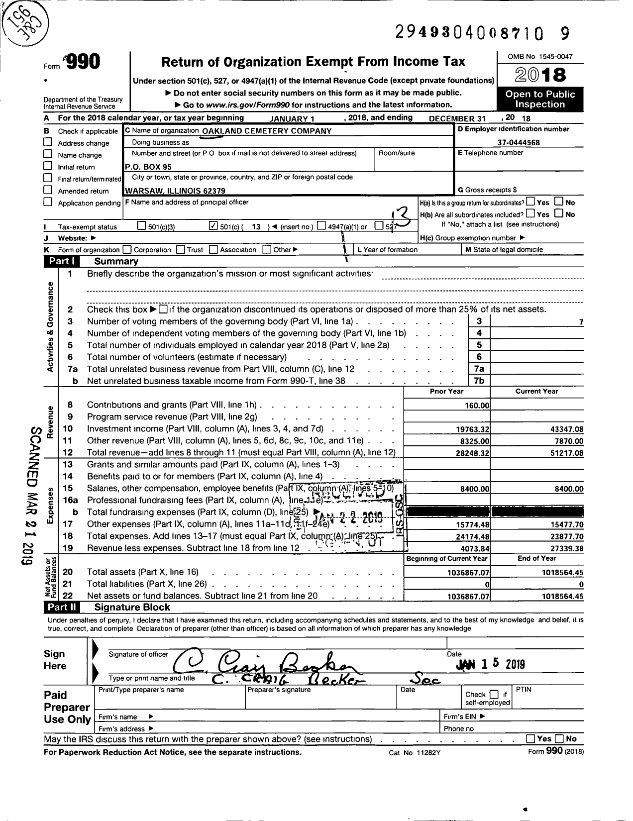 Image of first page of 2018 Form 990O for Oakland Cemetery Company