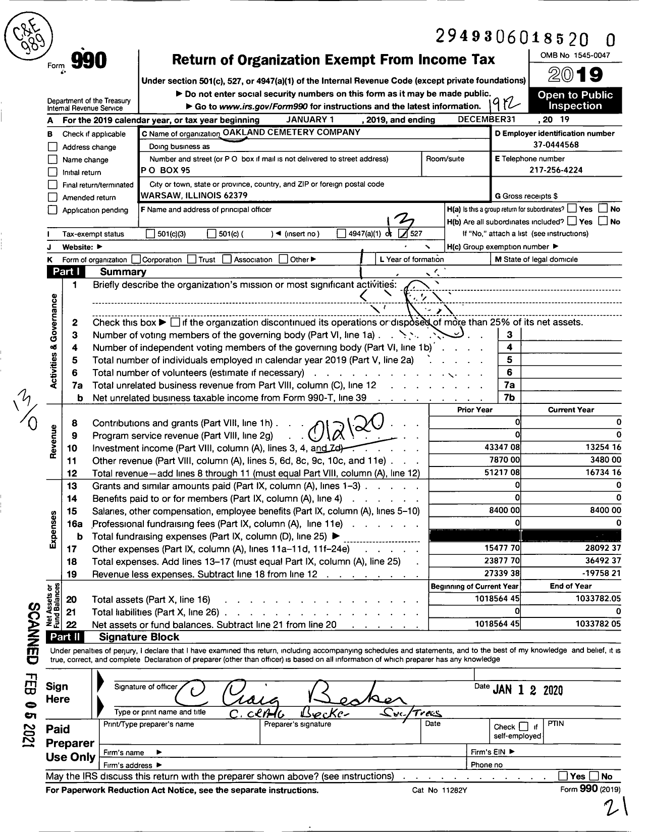 Image of first page of 2019 Form 990O for Oakland Cemetery Company