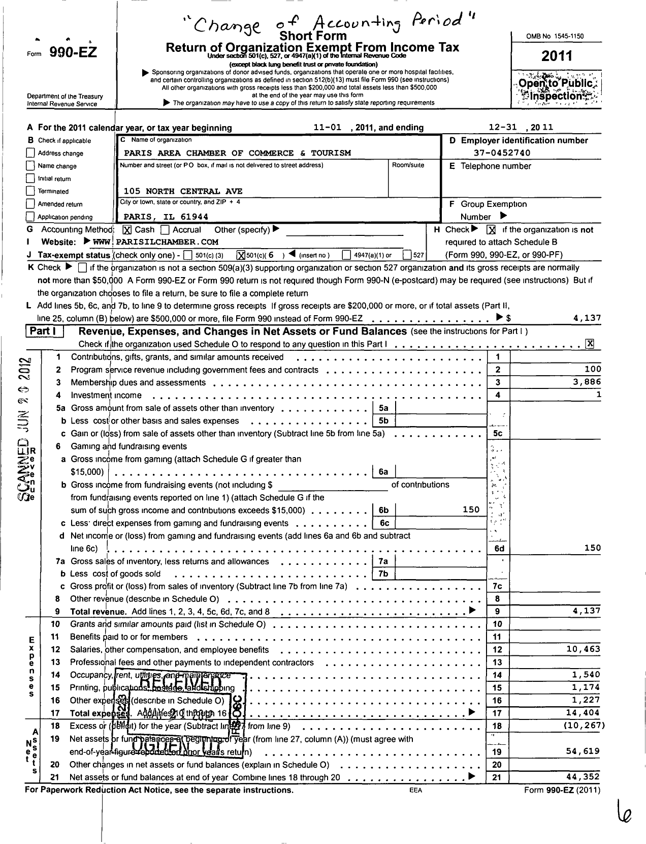 Image of first page of 2011 Form 990EO for Paris Area Chamber of Commerce and Tourism