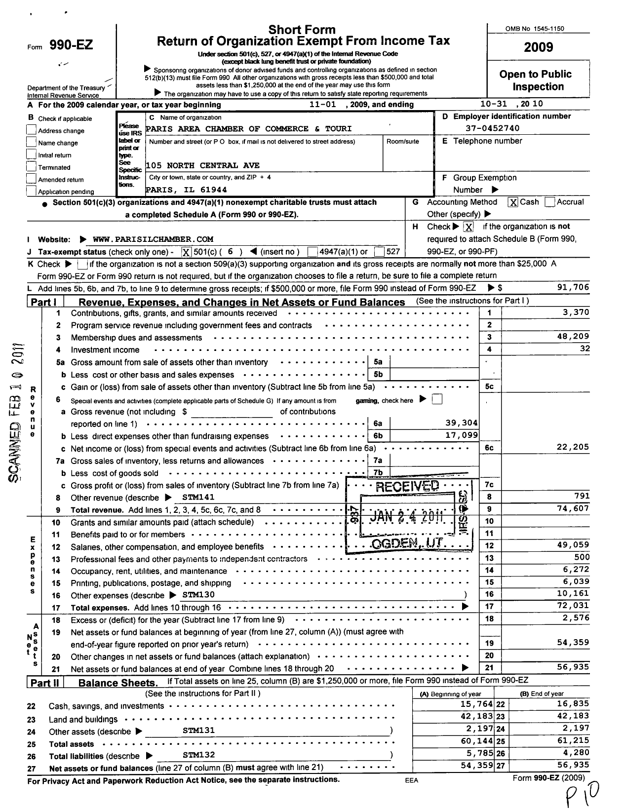 Image of first page of 2009 Form 990EO for Paris Area Chamber of Commerce and Tourism