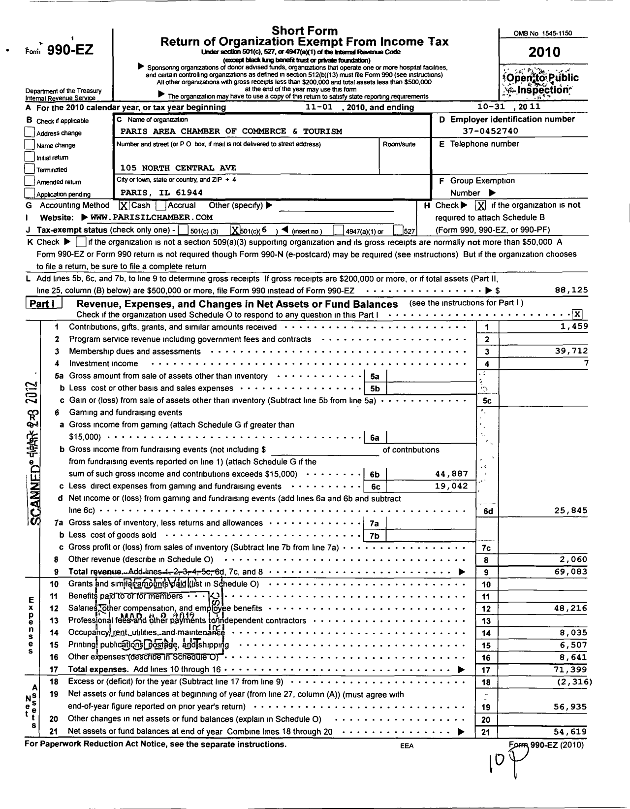 Image of first page of 2010 Form 990EO for Paris Area Chamber of Commerce and Tourism