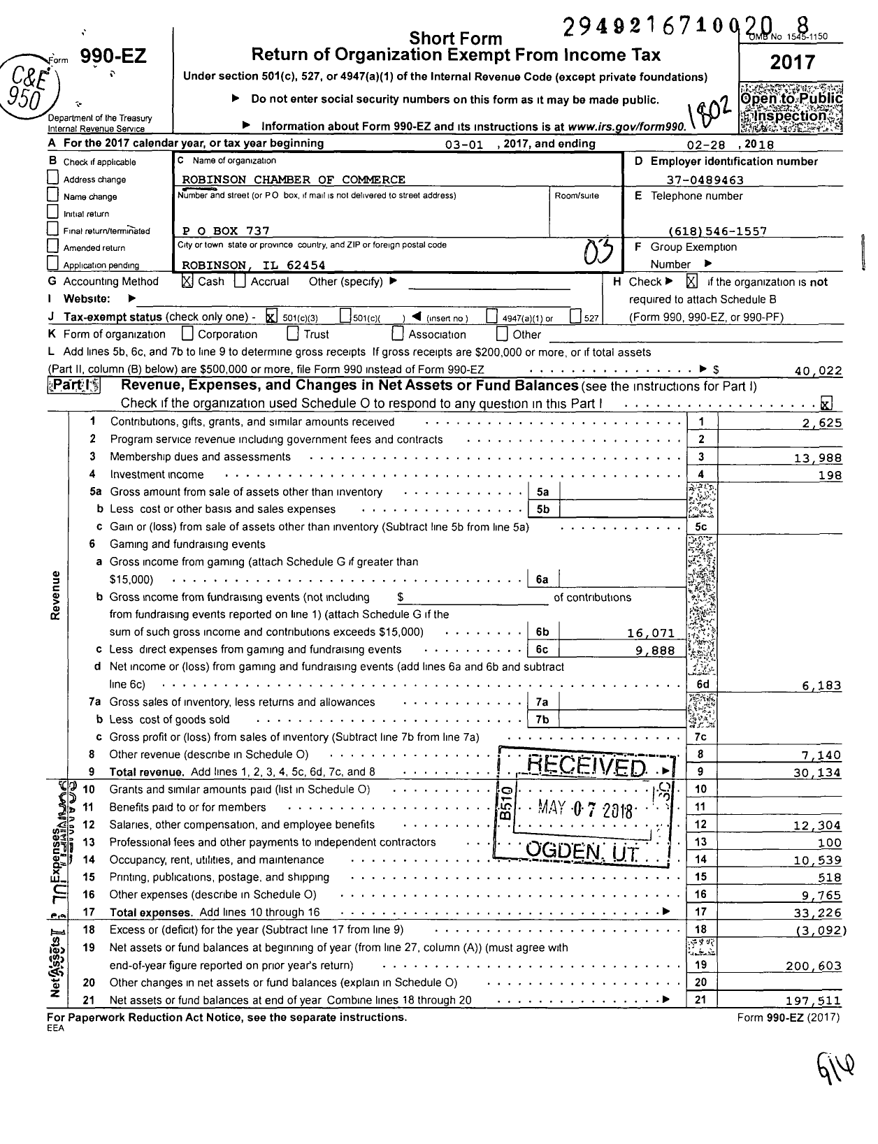 Image of first page of 2017 Form 990EZ for Robinson Chamber of Commerce