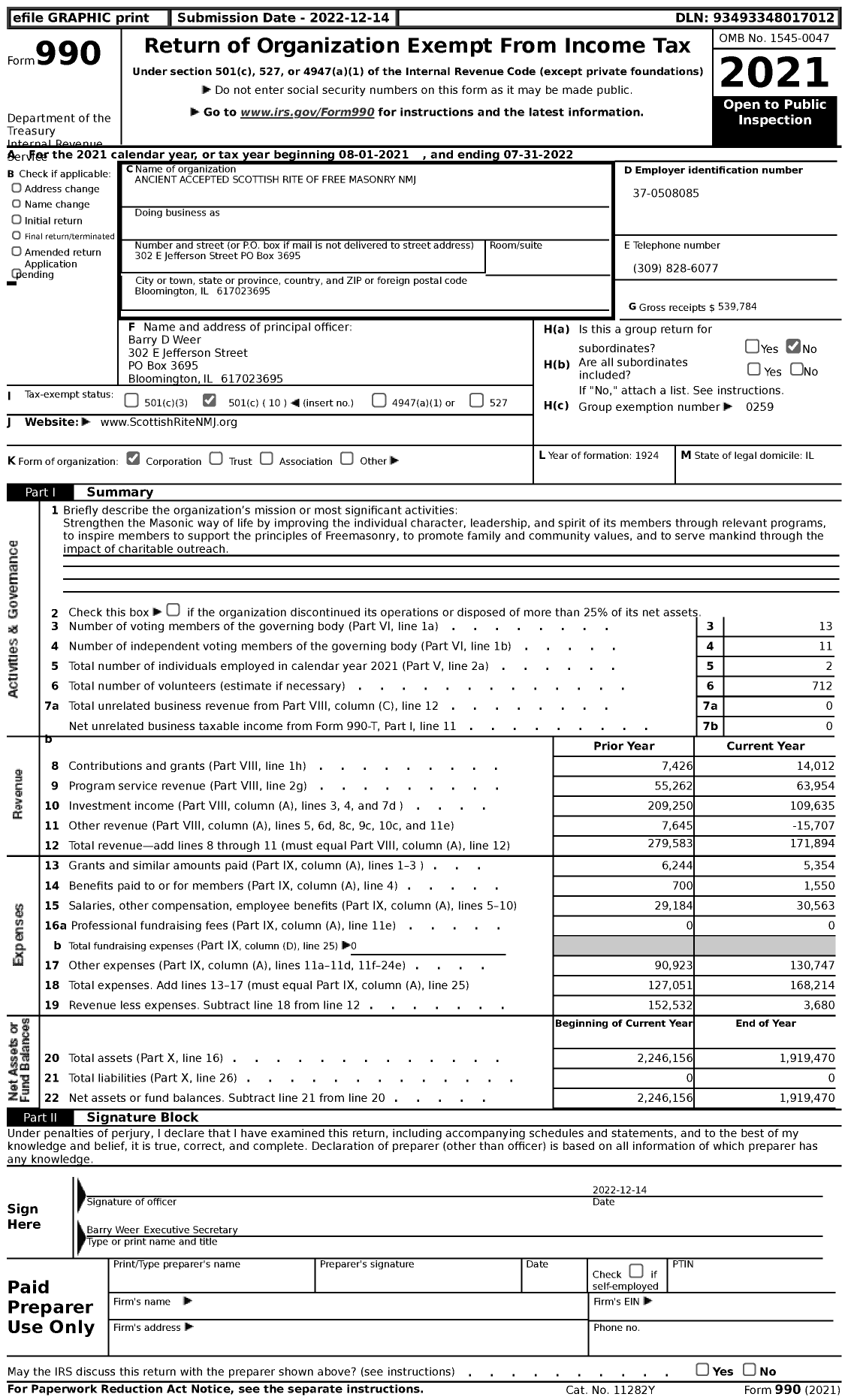 Image of first page of 2021 Form 990 for SCOTTISH Rite, NMJ - Valley OF Bloomington AASR