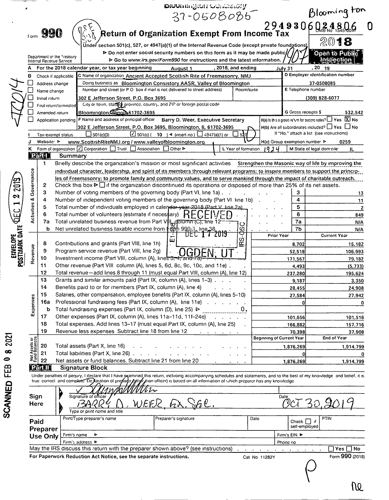 Image of first page of 2018 Form 990O for SCOTTISH Rite, NMJ - Valley OF Bloomington AASR