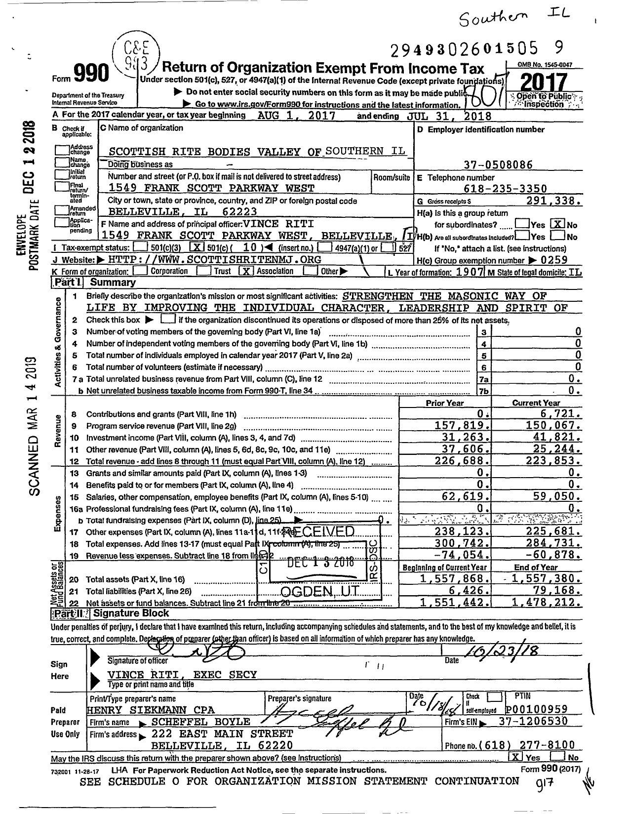 Image of first page of 2017 Form 990O for Scottish Rite, NMJ - Valley of Southern Illinois