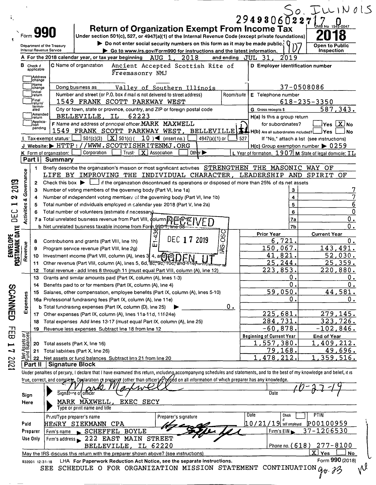 Image of first page of 2018 Form 990O for Scottish Rite, NMJ - Valley of Southern Illinois