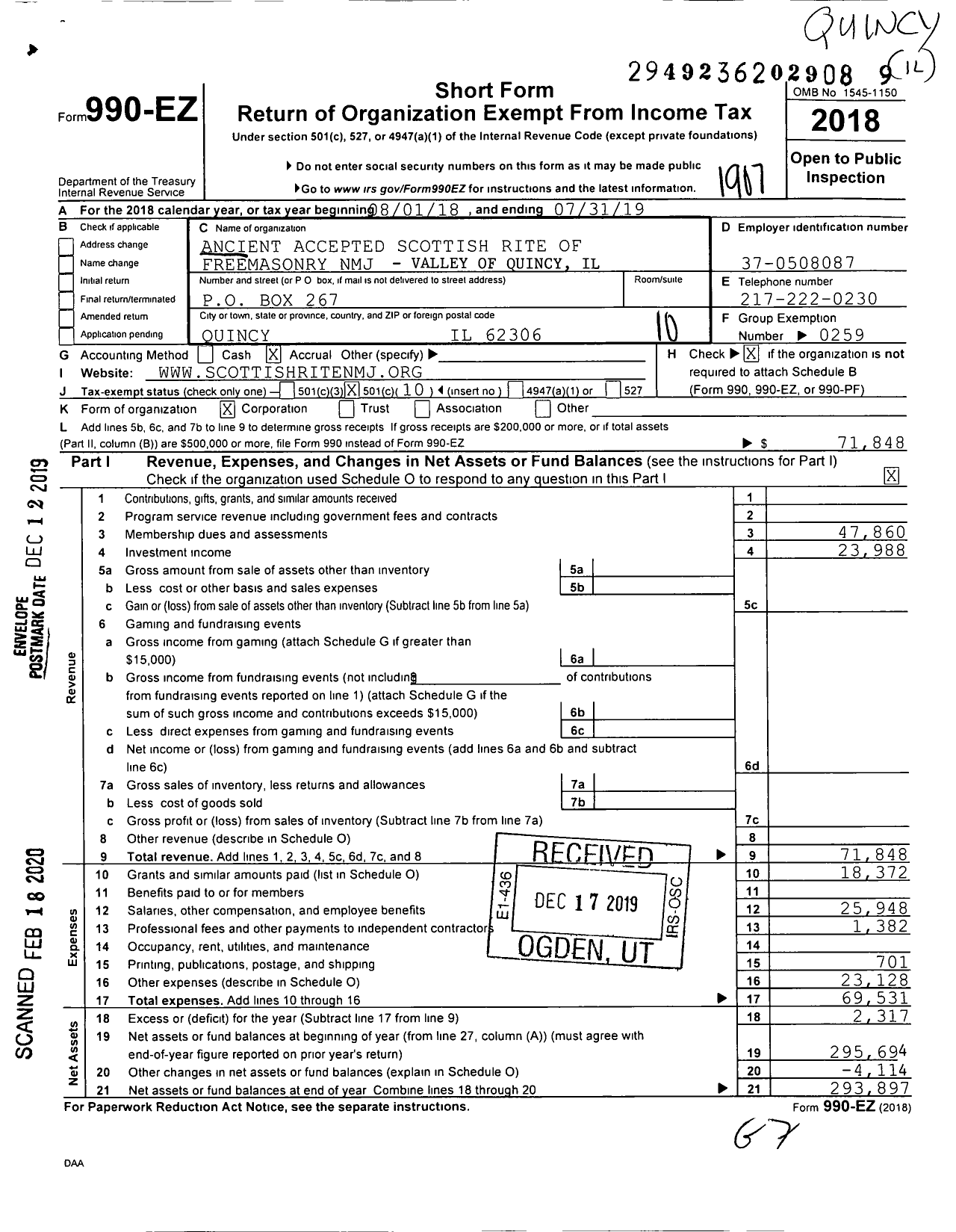 Image of first page of 2018 Form 990EO for Scottish Rite, NMJ - Consistory Valley of Quincy