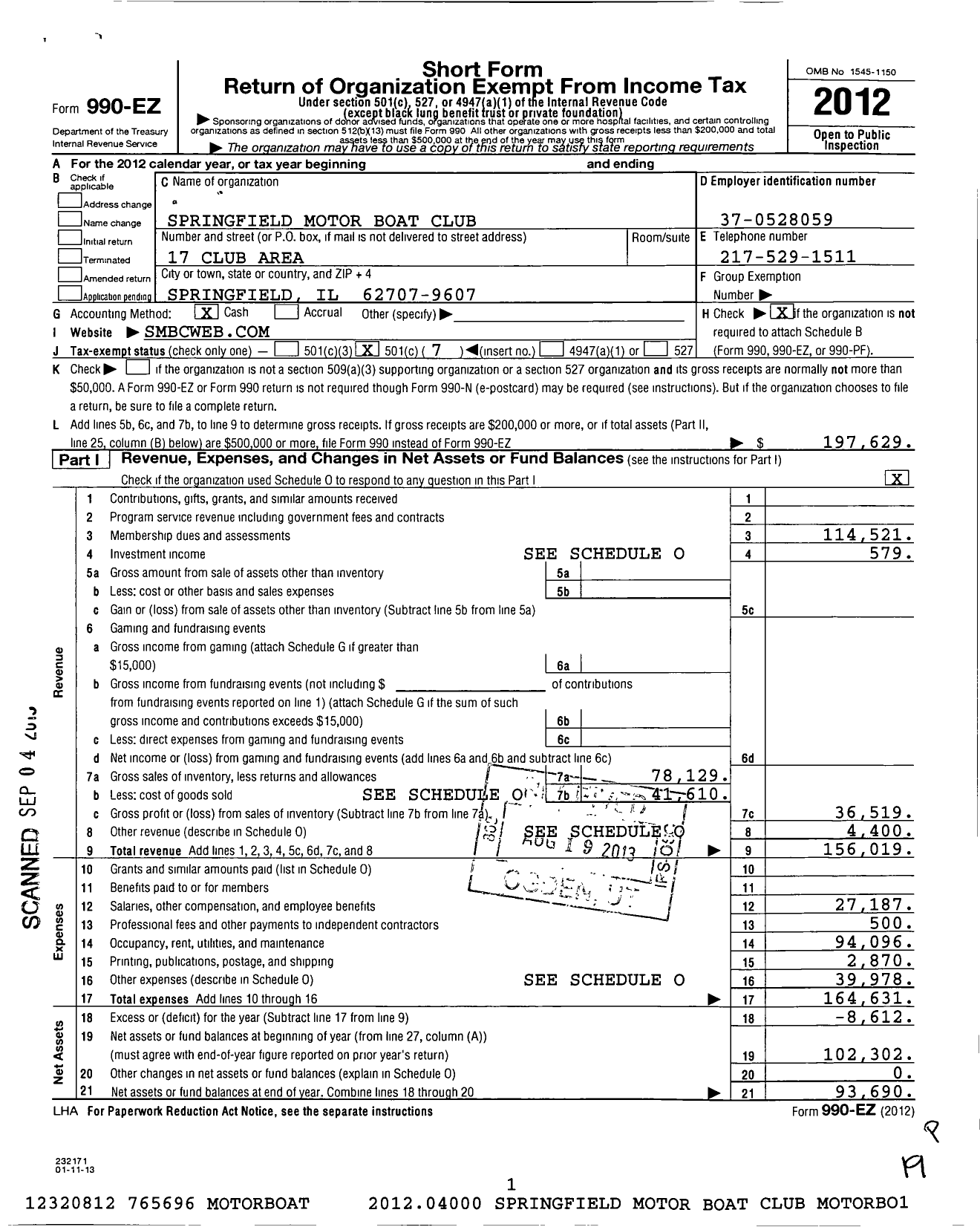 Image of first page of 2012 Form 990EO for Springfield Motor Boat Club