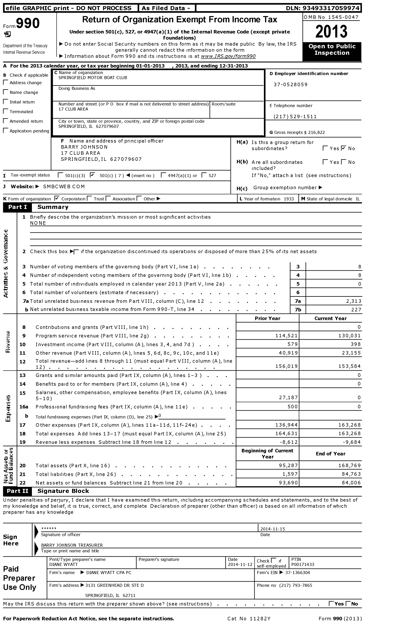 Image of first page of 2013 Form 990O for Springfield Motor Boat Club