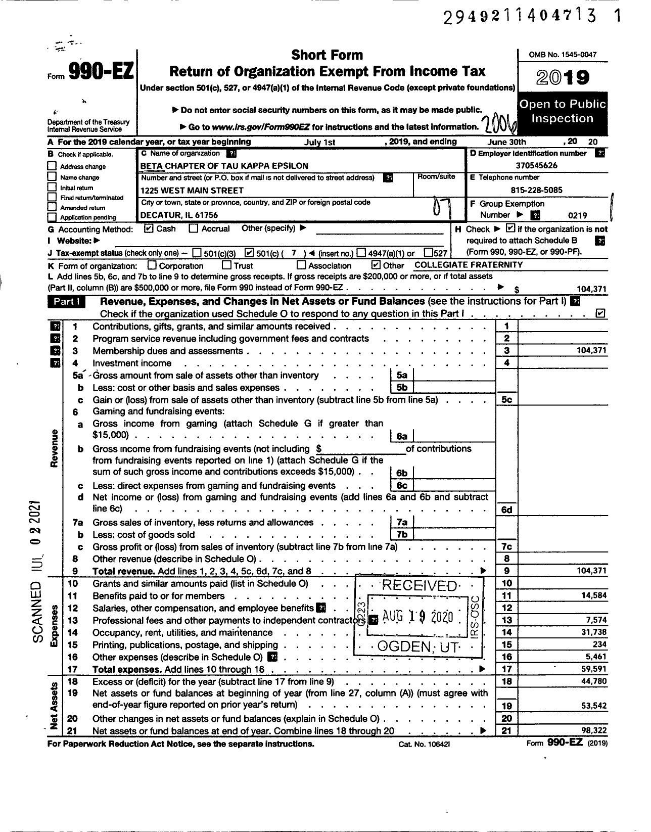 Image of first page of 2019 Form 990EO for Tau Kappa Epsilon Fraternity