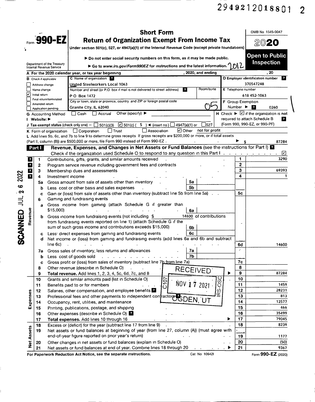Image of first page of 2020 Form 990EO for UNITED STEELWORKERS - 01063 Local