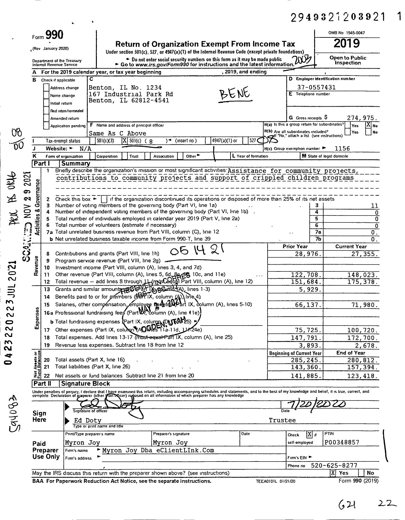 Image of first page of 2019 Form 990O for Benevolent and Protective Order of Elks - 1234 Benton