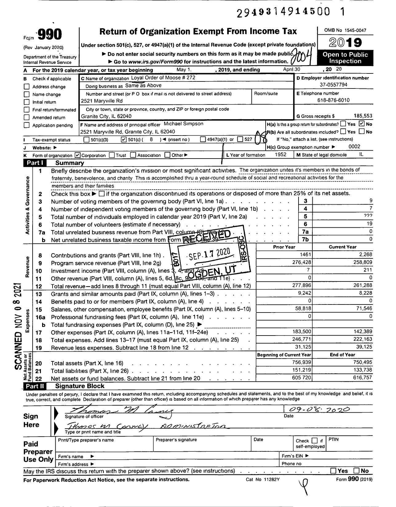 Image of first page of 2019 Form 990O for Loyal Order of Moose - 272