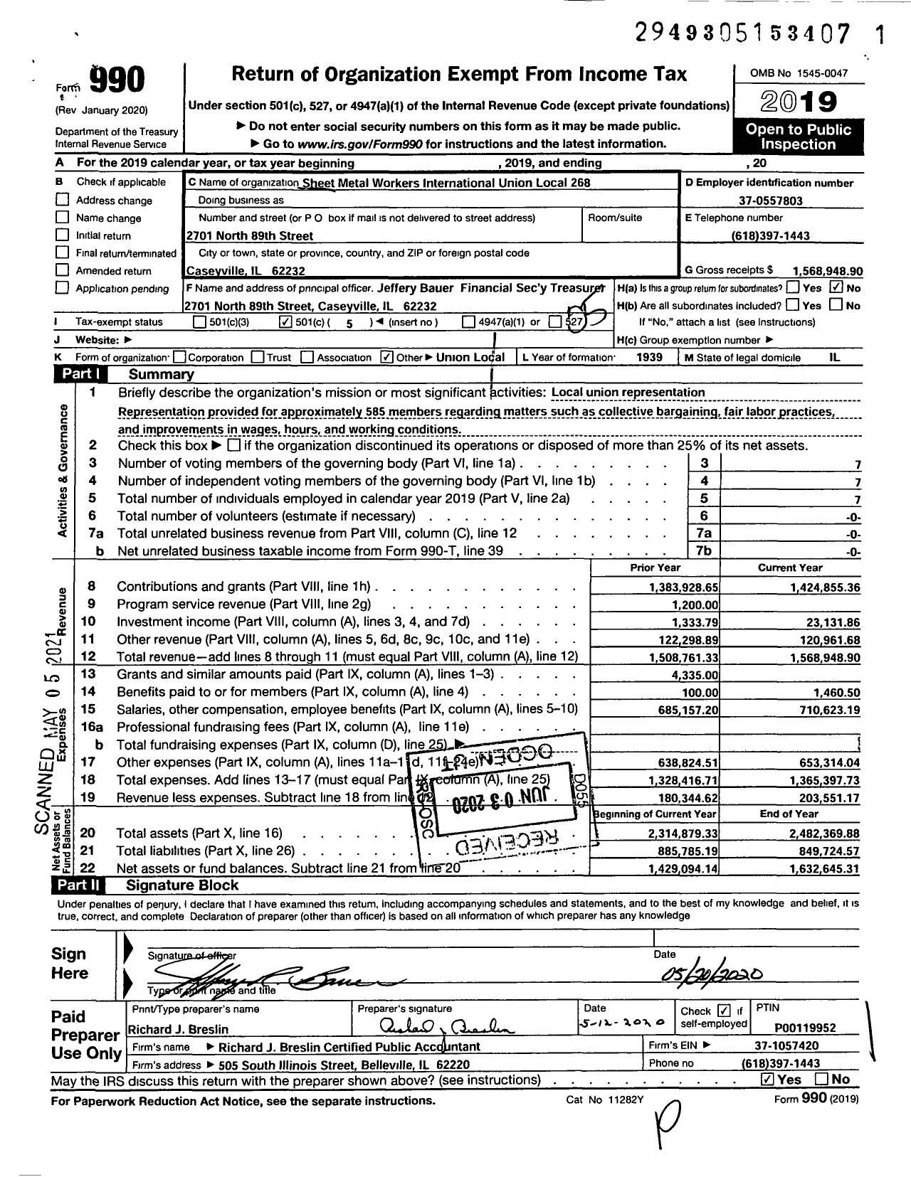 Image of first page of 2019 Form 990O for Smart Union - 268 SM