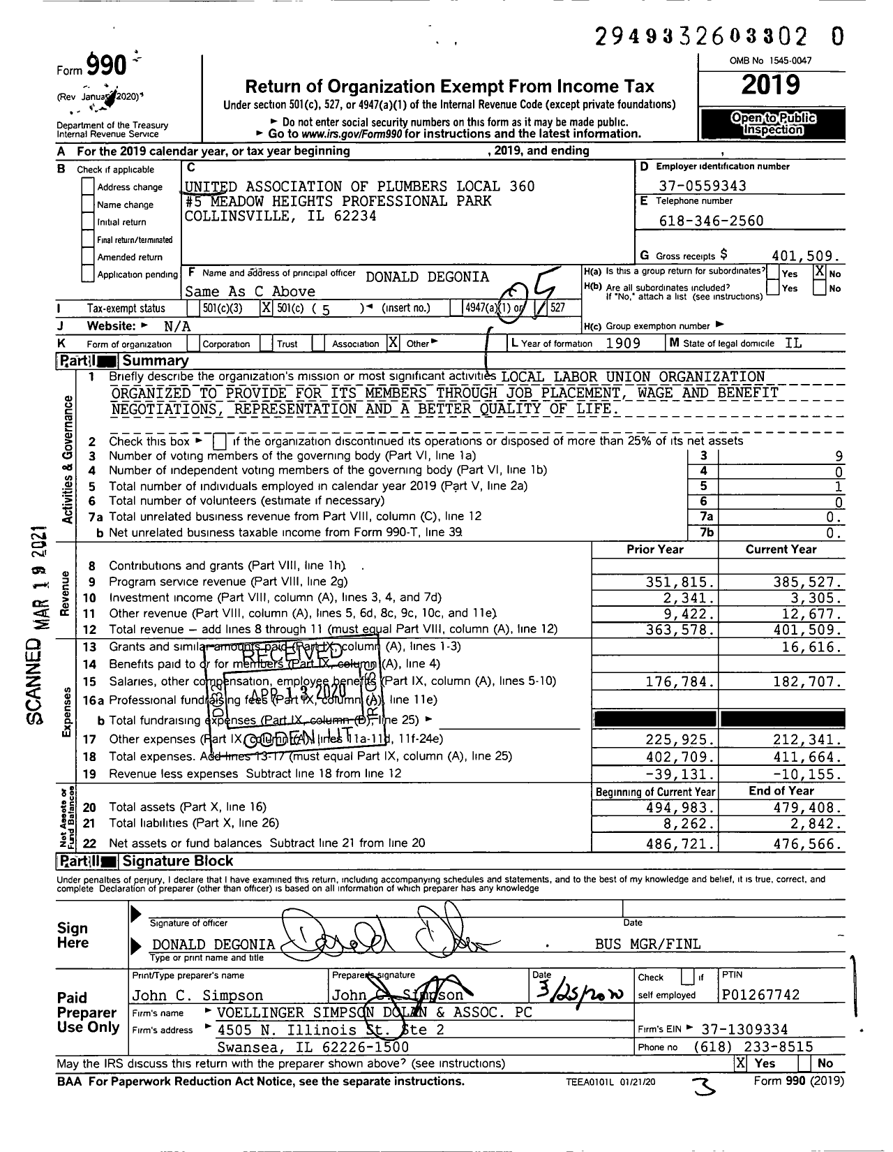 Image of first page of 2019 Form 990O for United Association of Plumbers Local 360