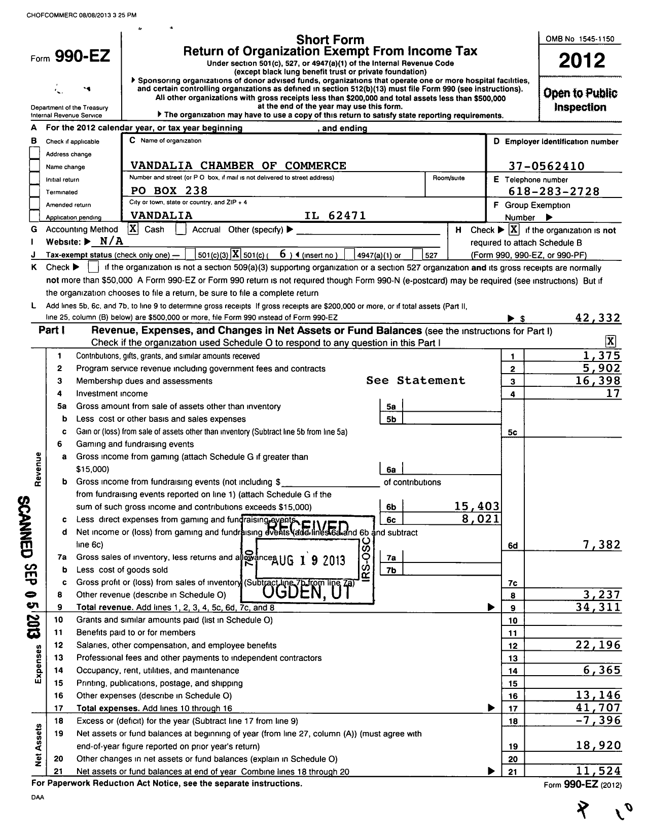 Image of first page of 2012 Form 990EO for Vandalia Chamber of Commerce