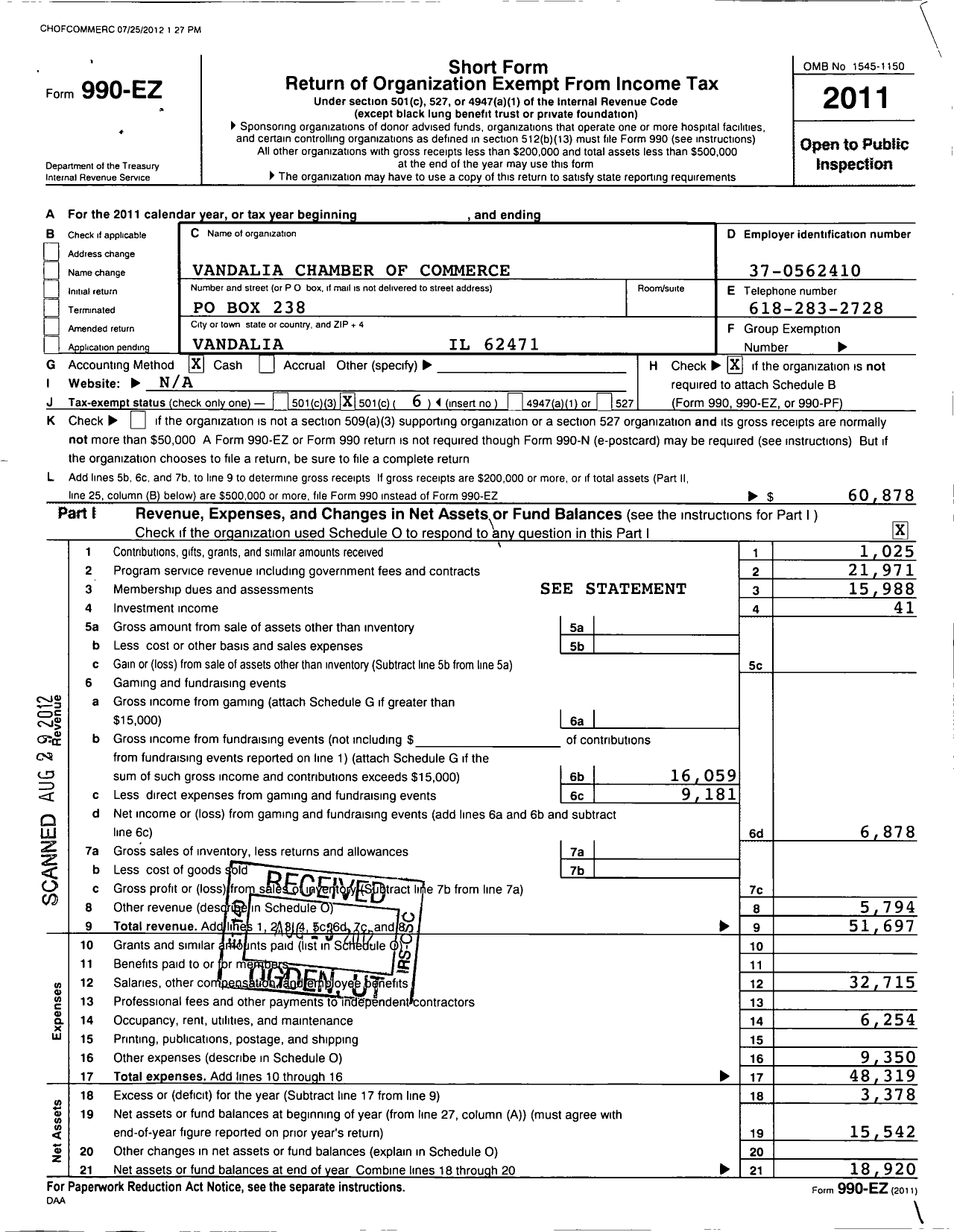 Image of first page of 2011 Form 990EO for Vandalia Chamber of Commerce