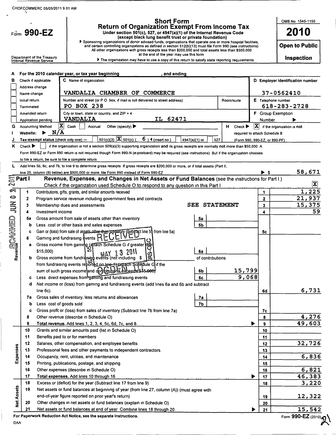 Image of first page of 2010 Form 990EO for Vandalia Chamber of Commerce