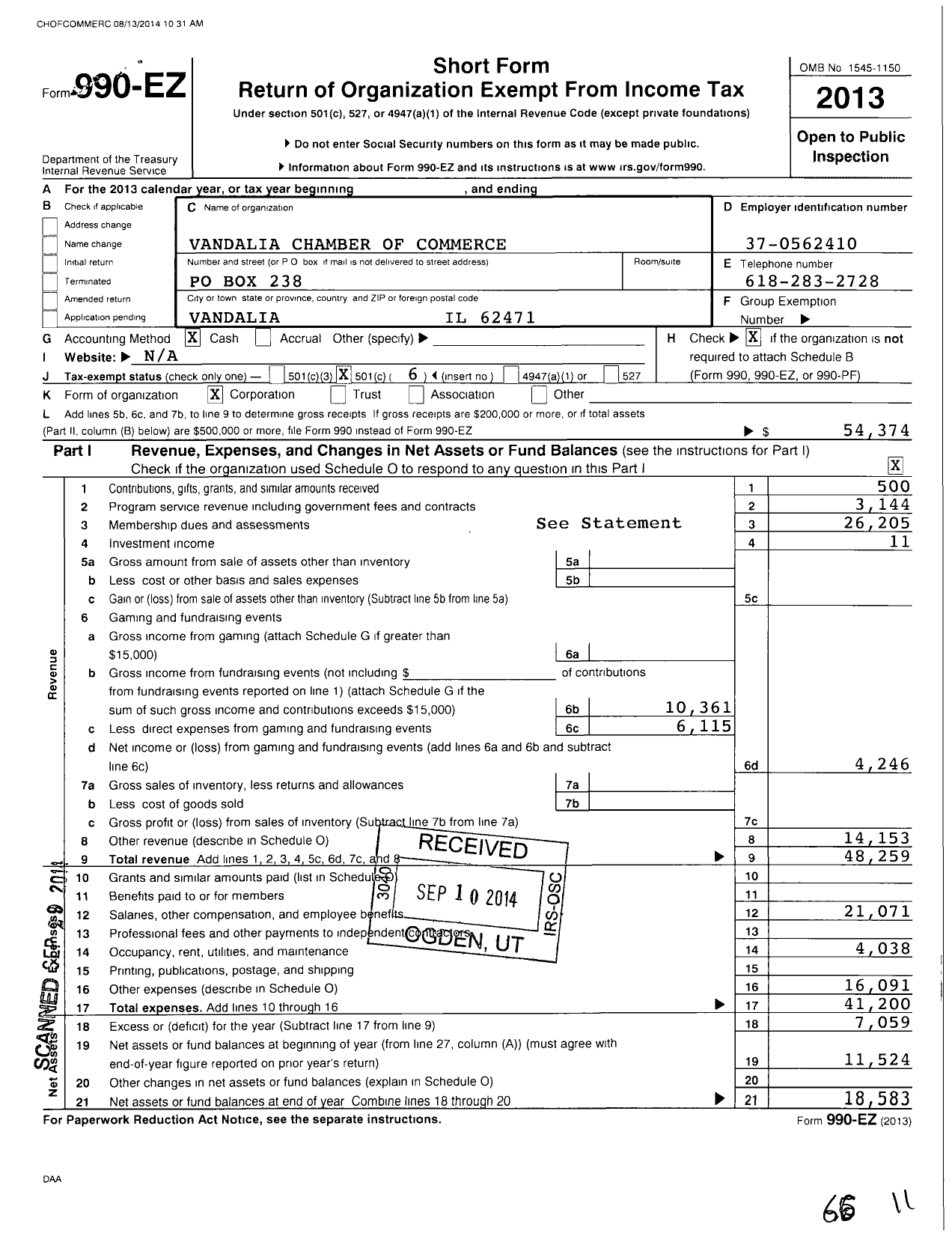 Image of first page of 2013 Form 990EO for Vandalia Chamber of Commerce