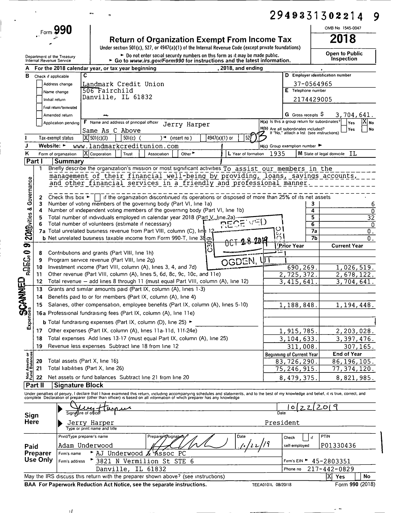 Image of first page of 2018 Form 990 for Landmark Credit Union