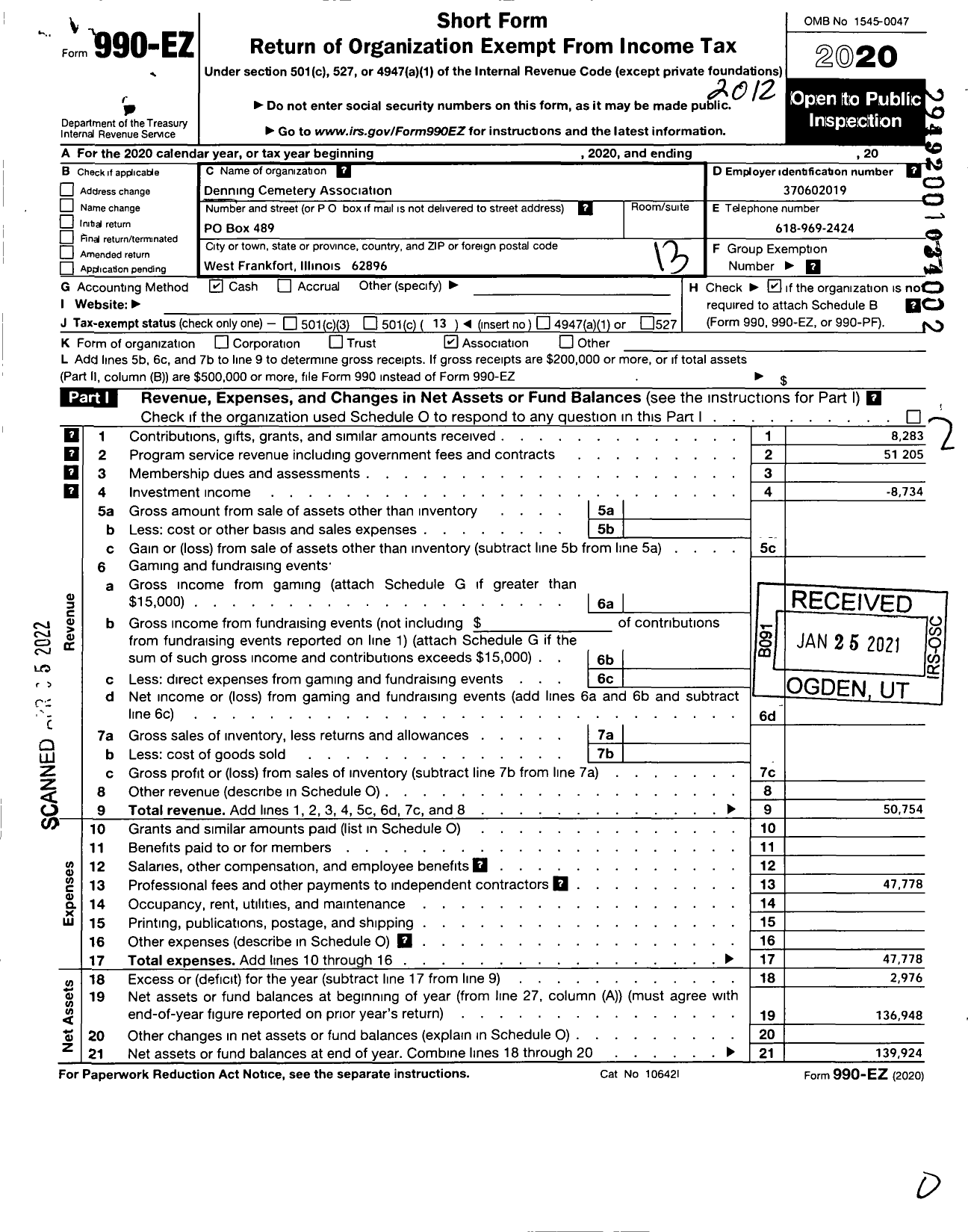 Image of first page of 2020 Form 990EO for Denning Cemetery Association