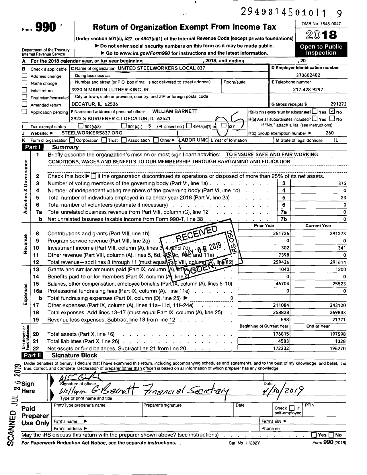 Image of first page of 2018 Form 990O for United Steelworkers (837 Local)