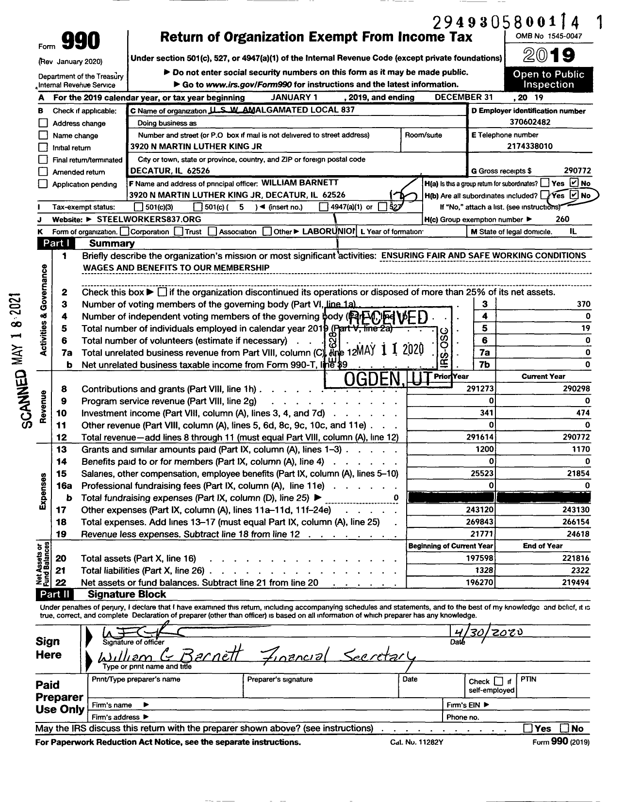 Image of first page of 2019 Form 990O for United Steelworkers (837 Local)