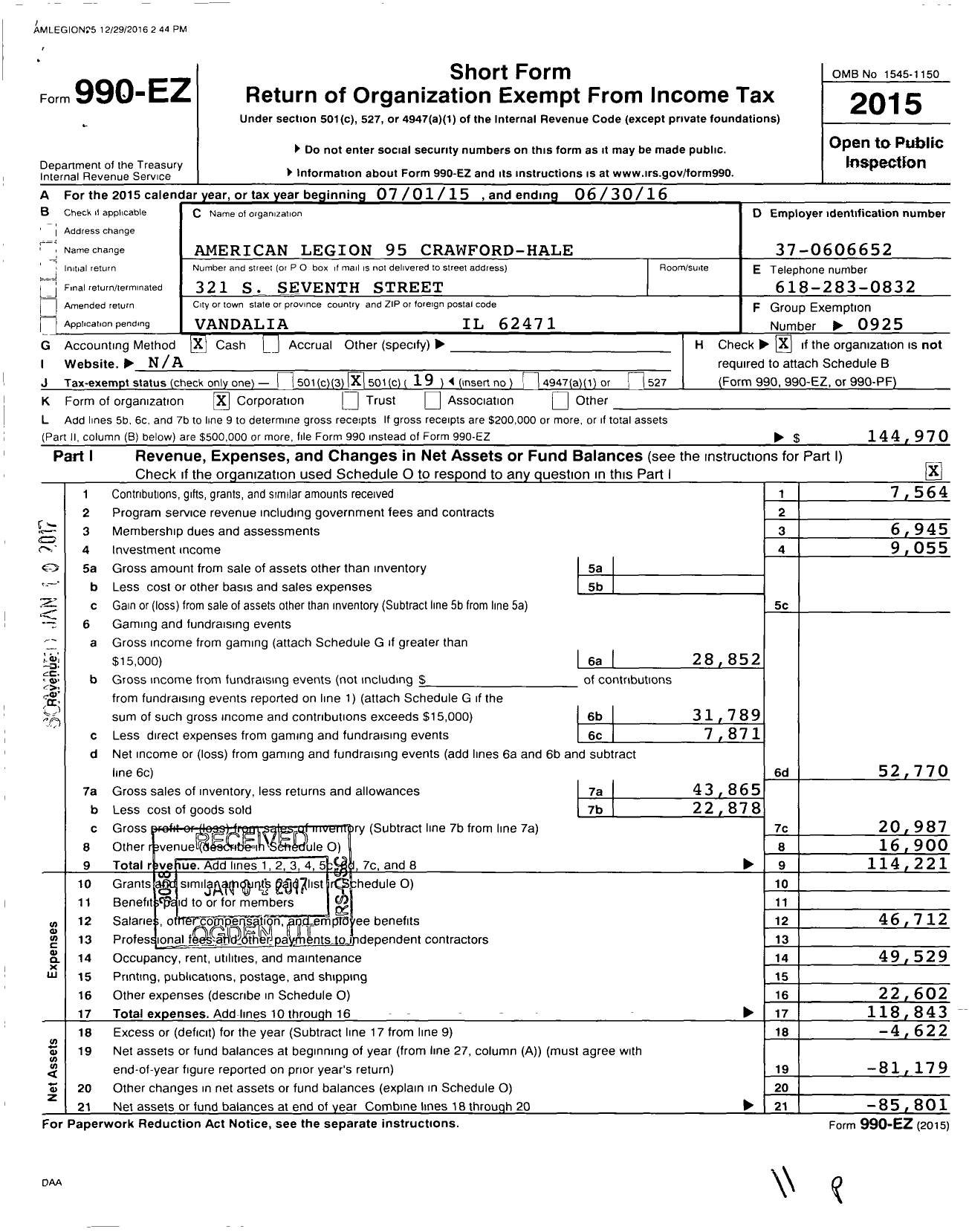 Image of first page of 2015 Form 990EO for American Legion - 0095 Crawford-Hale