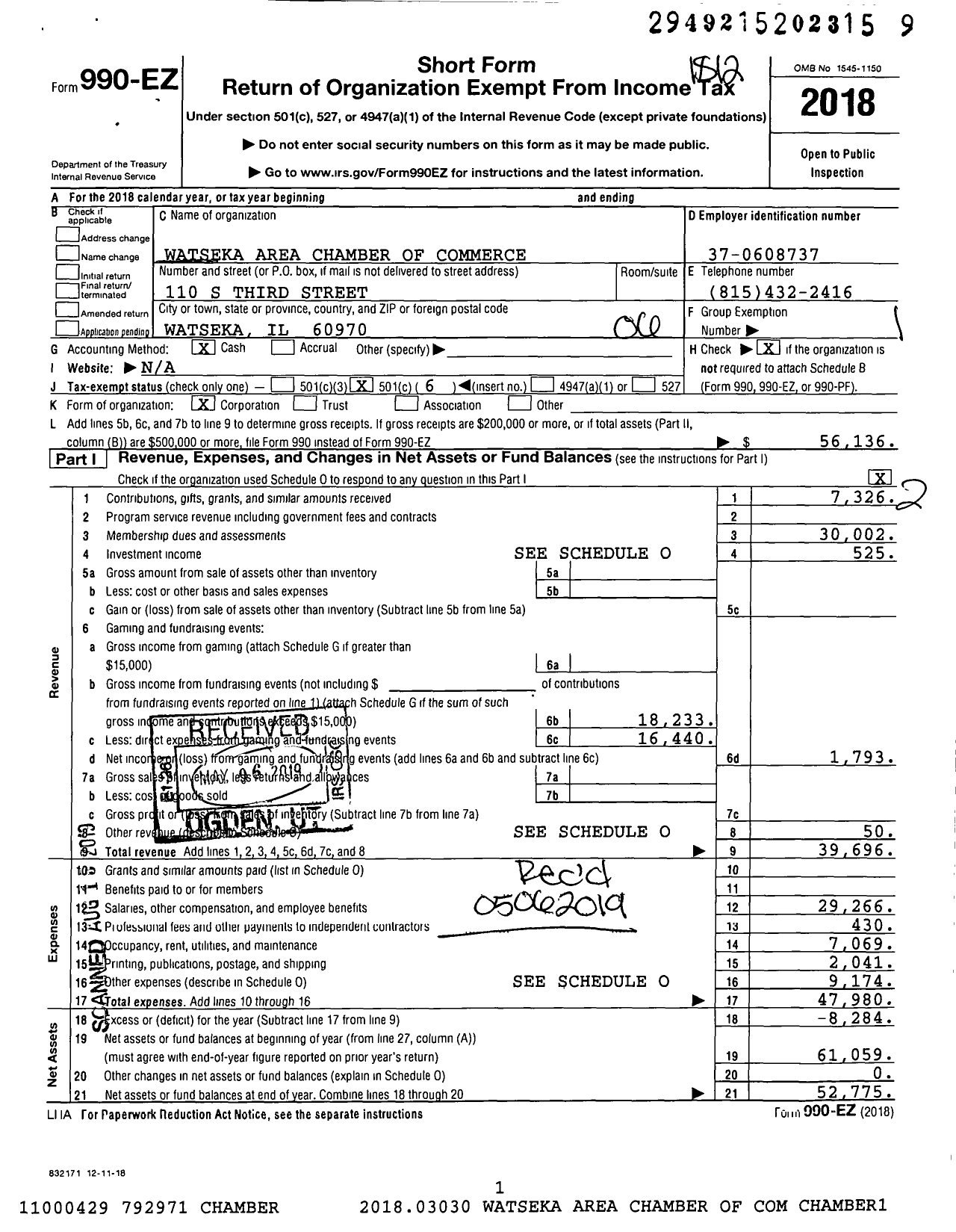 Image of first page of 2018 Form 990EO for Watseka Area Chamber of Commerce