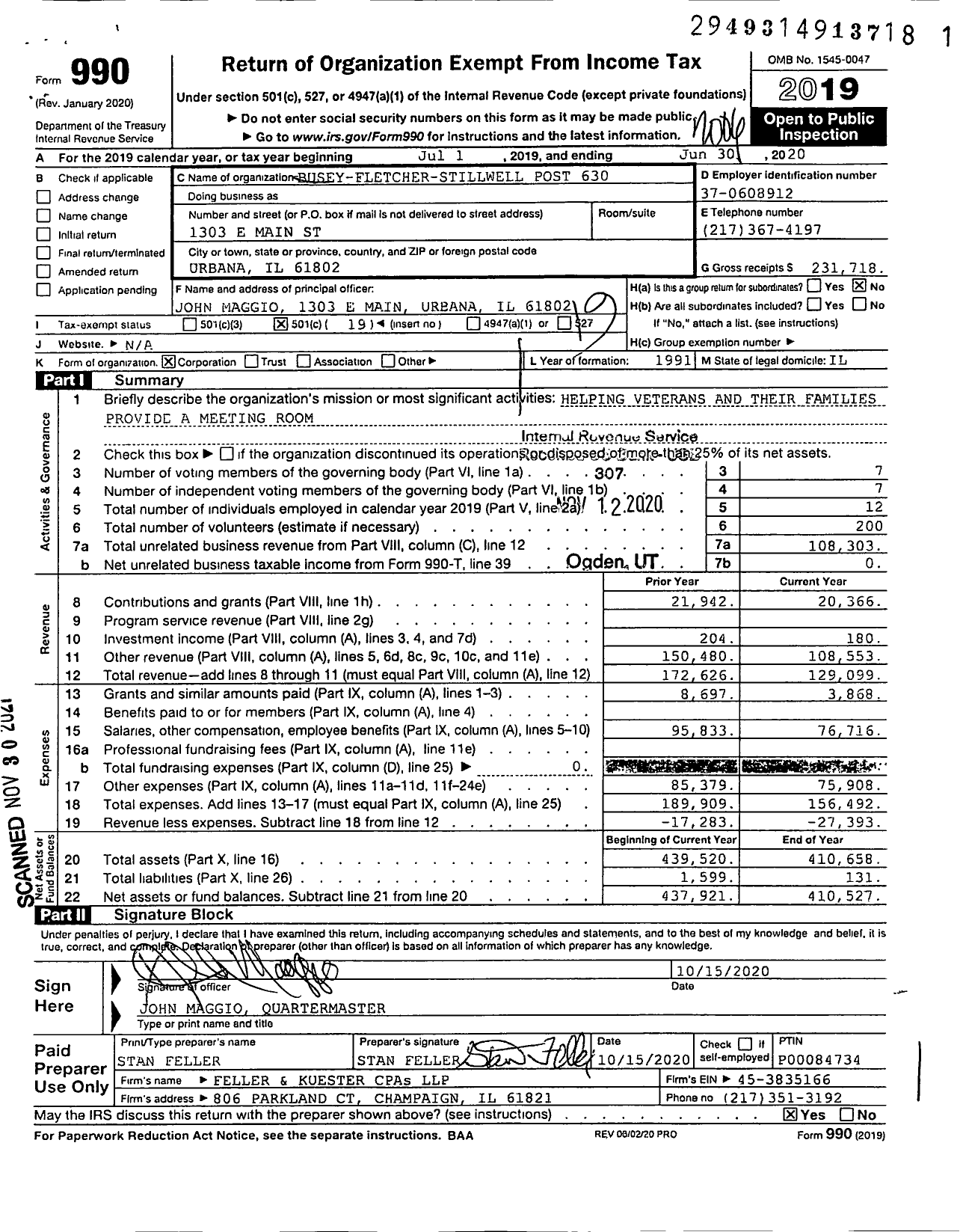 Image of first page of 2019 Form 990O for VFW Dept of Illinois - 630 Busey Fletcher Stillwell Post