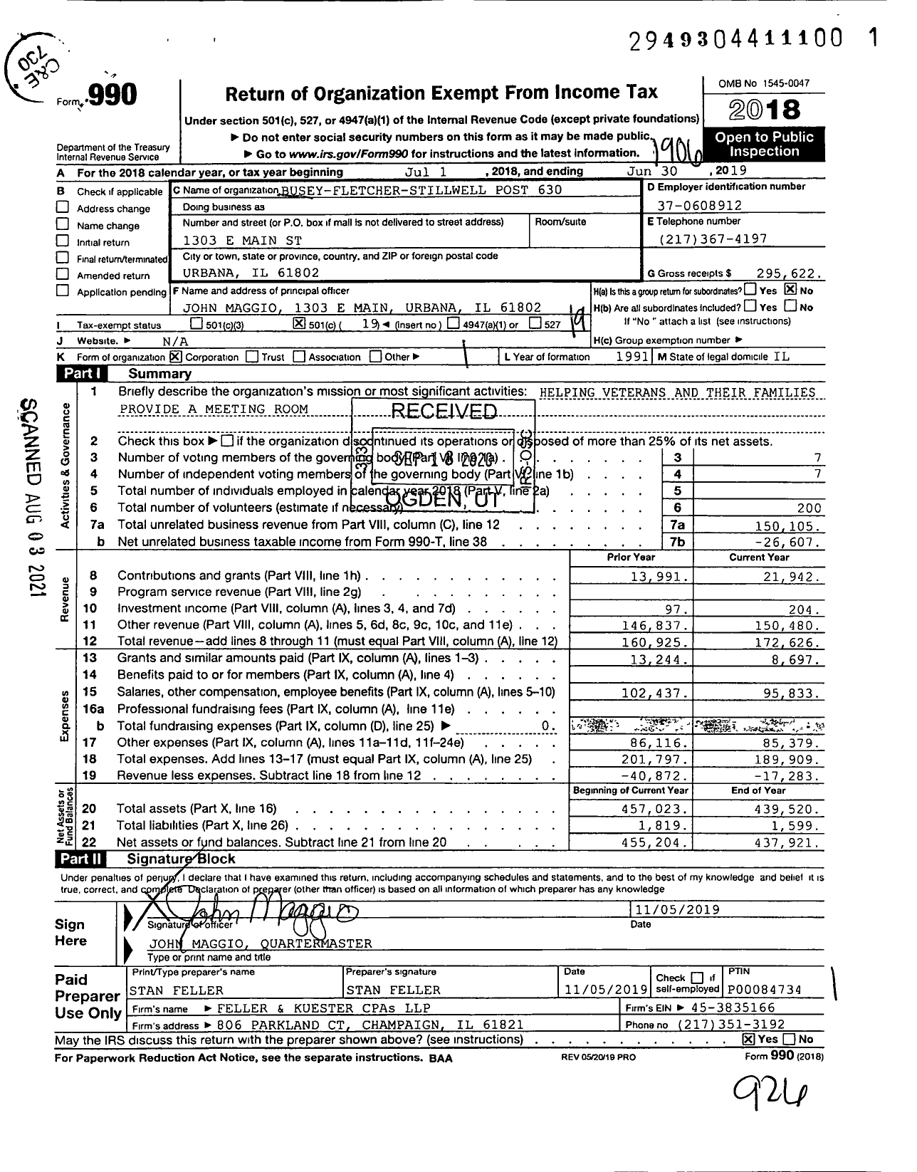 Image of first page of 2018 Form 990O for VFW Dept of Illinois - 630 Busey Fletcher Stillwell Post