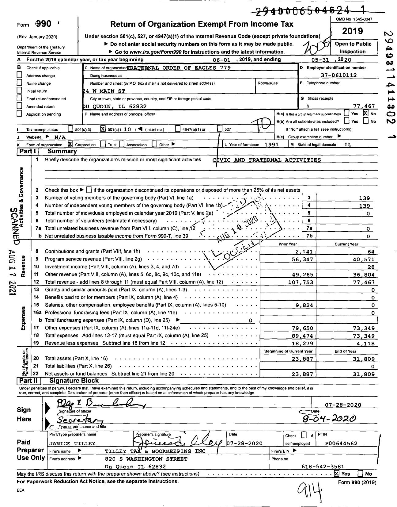 Image of first page of 2019 Form 990O for Fraternal Order of Eagles - 779 Aerie