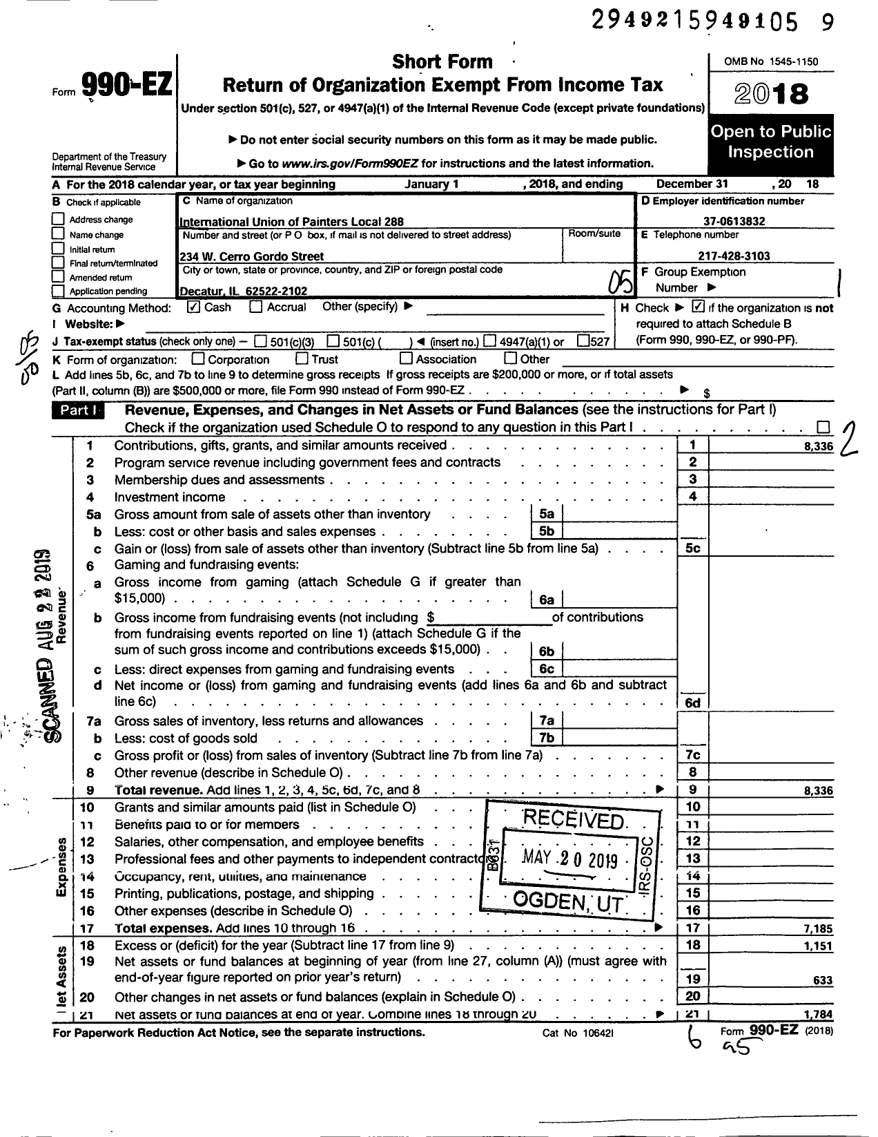 Image of first page of 2018 Form 990EO for International Union of Painters and Allied Trades - 288 Painters Local Union