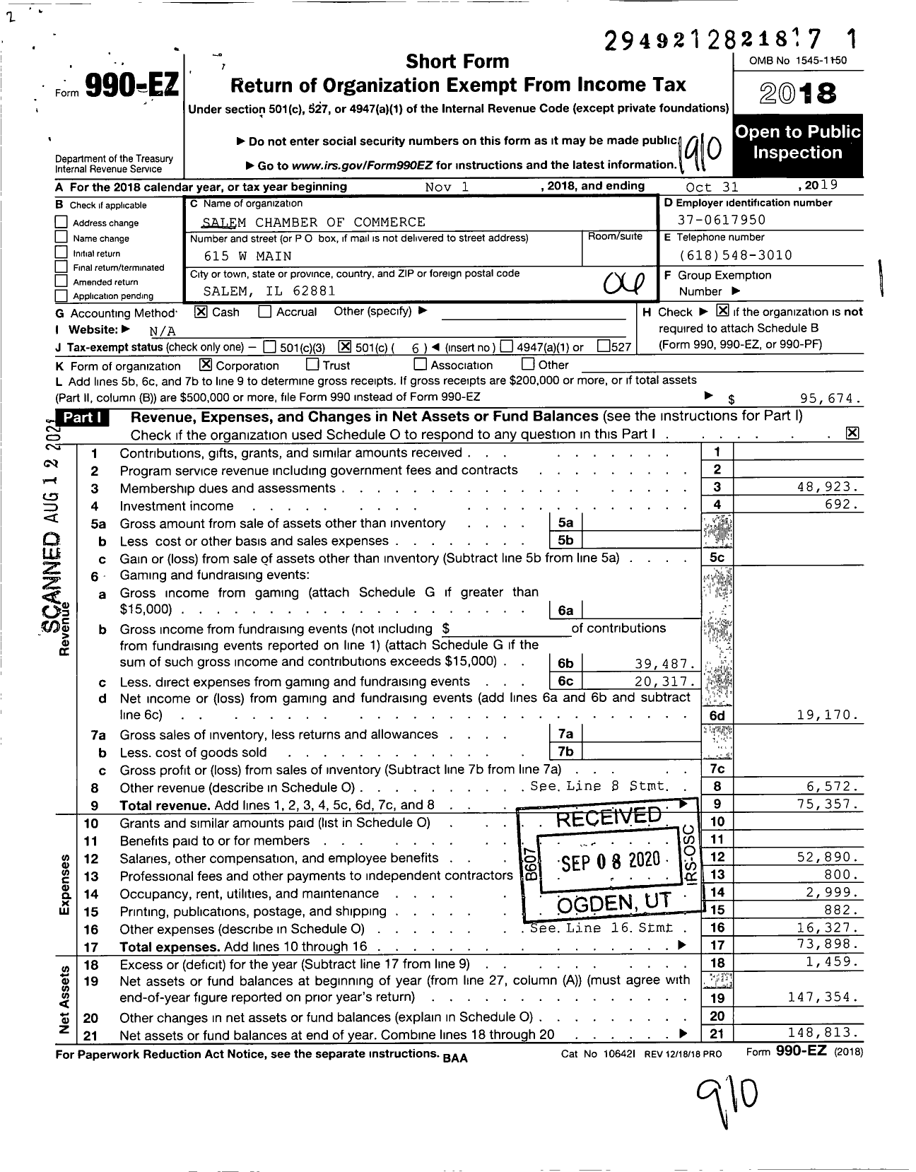 Image of first page of 2018 Form 990EO for Salem Chamber of Commerce