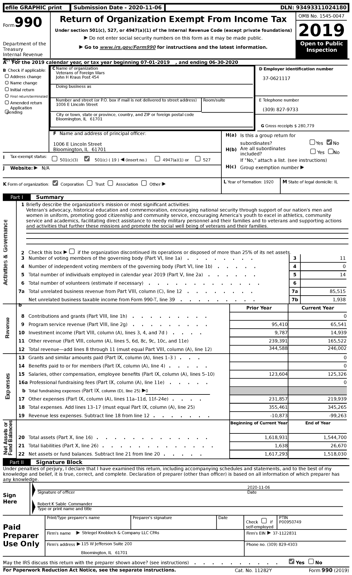 Image of first page of 2019 Form 990 for VFW Dept of Illinois - 0454 John H Kraus Post