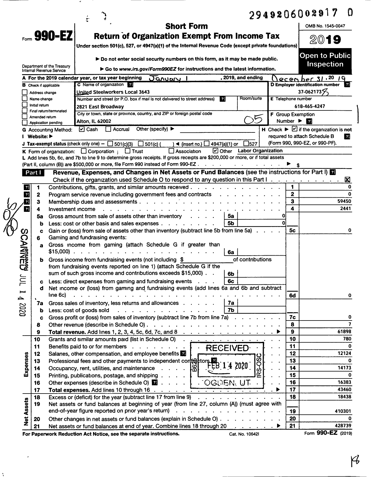 Image of first page of 2019 Form 990EO for United Steelworkers - 03643 Local