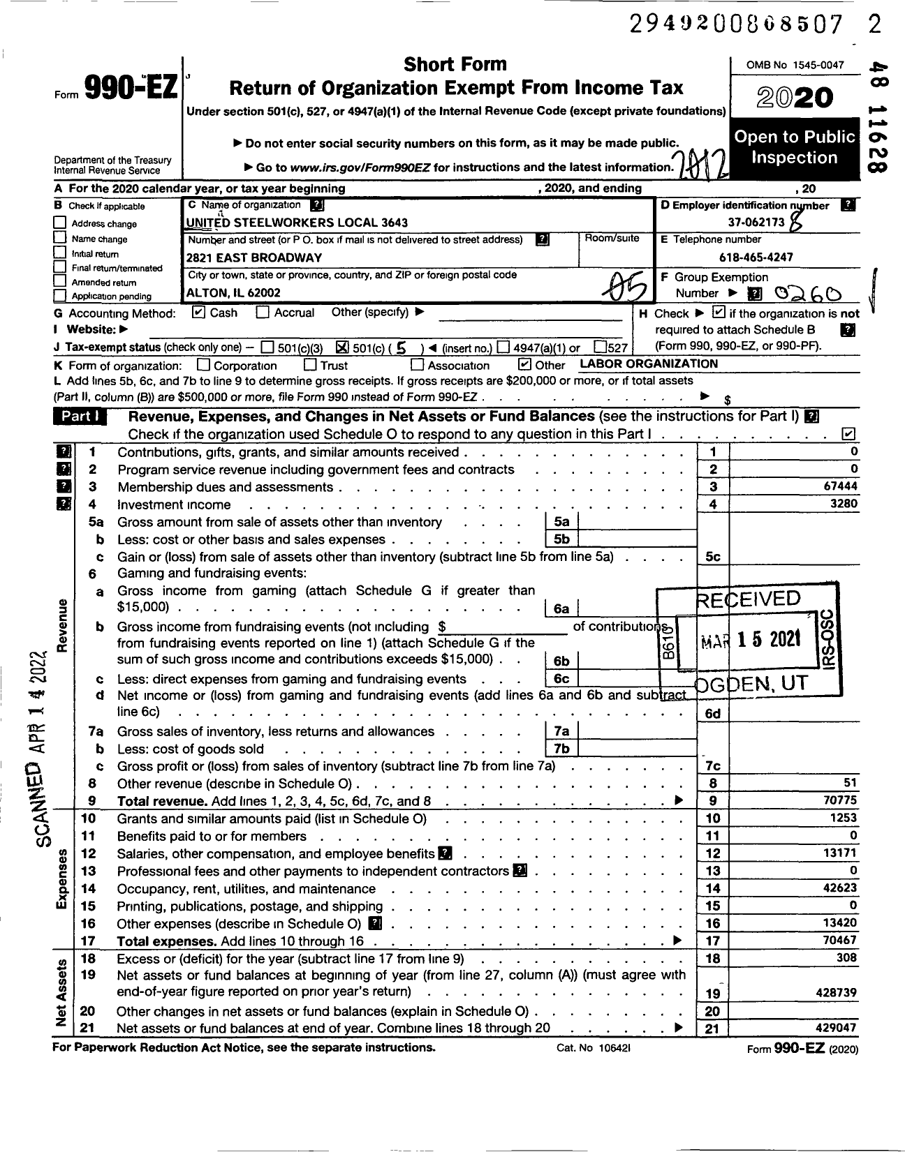 Image of first page of 2020 Form 990EO for United Steelworkers - 03643 Local