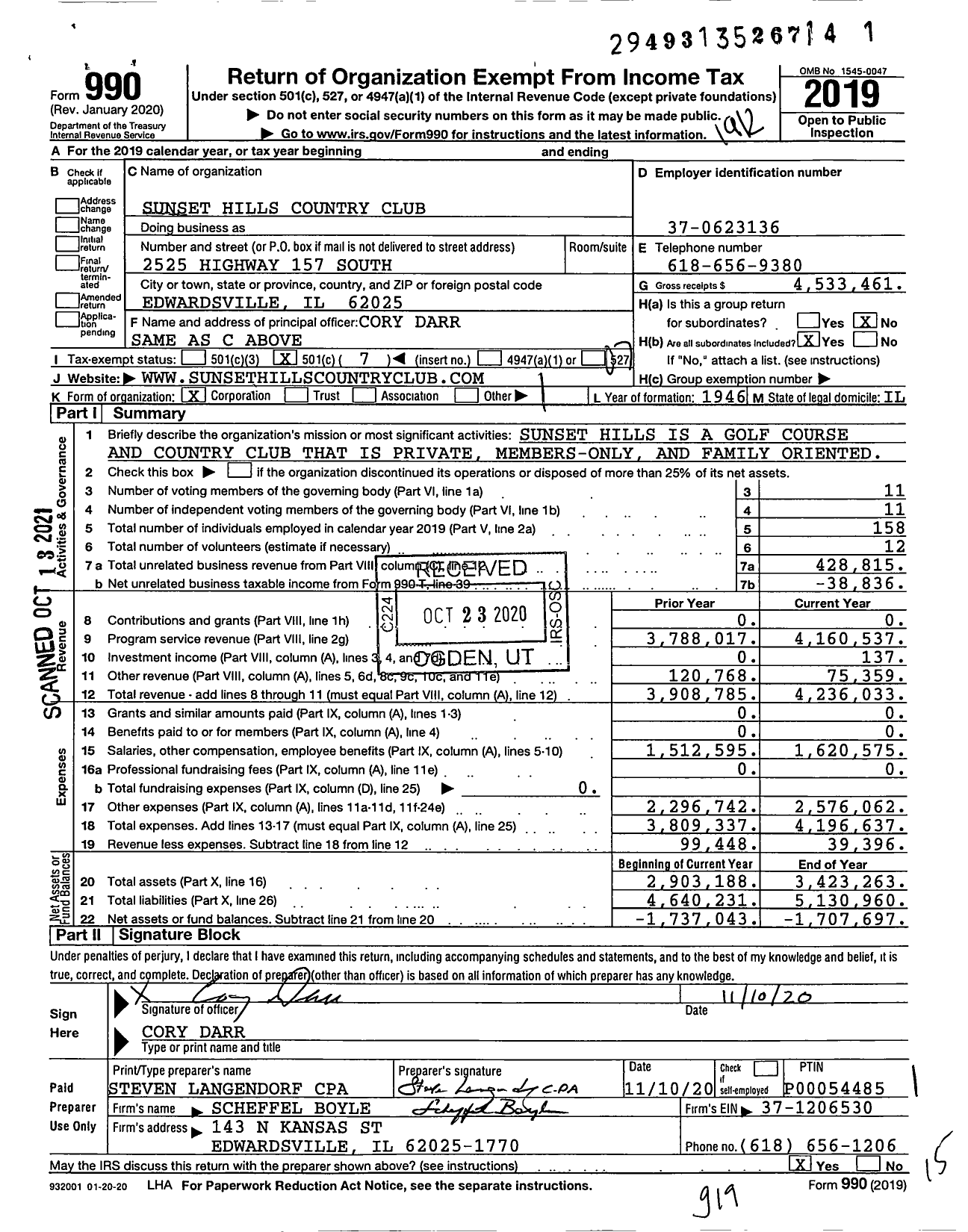 Image of first page of 2019 Form 990O for Sunset Hills Country Club