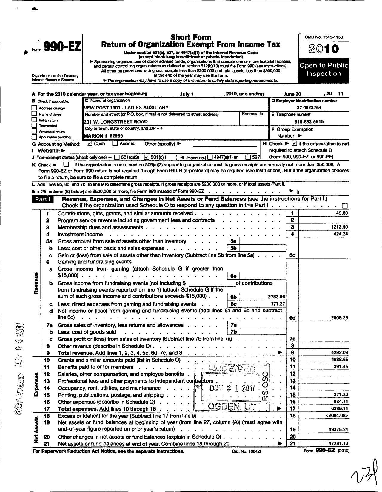 Image of first page of 2010 Form 990EO for Department of Illinois VFW Auxiliary - 1301 Heyde-Pillow VFW Auxiliary
