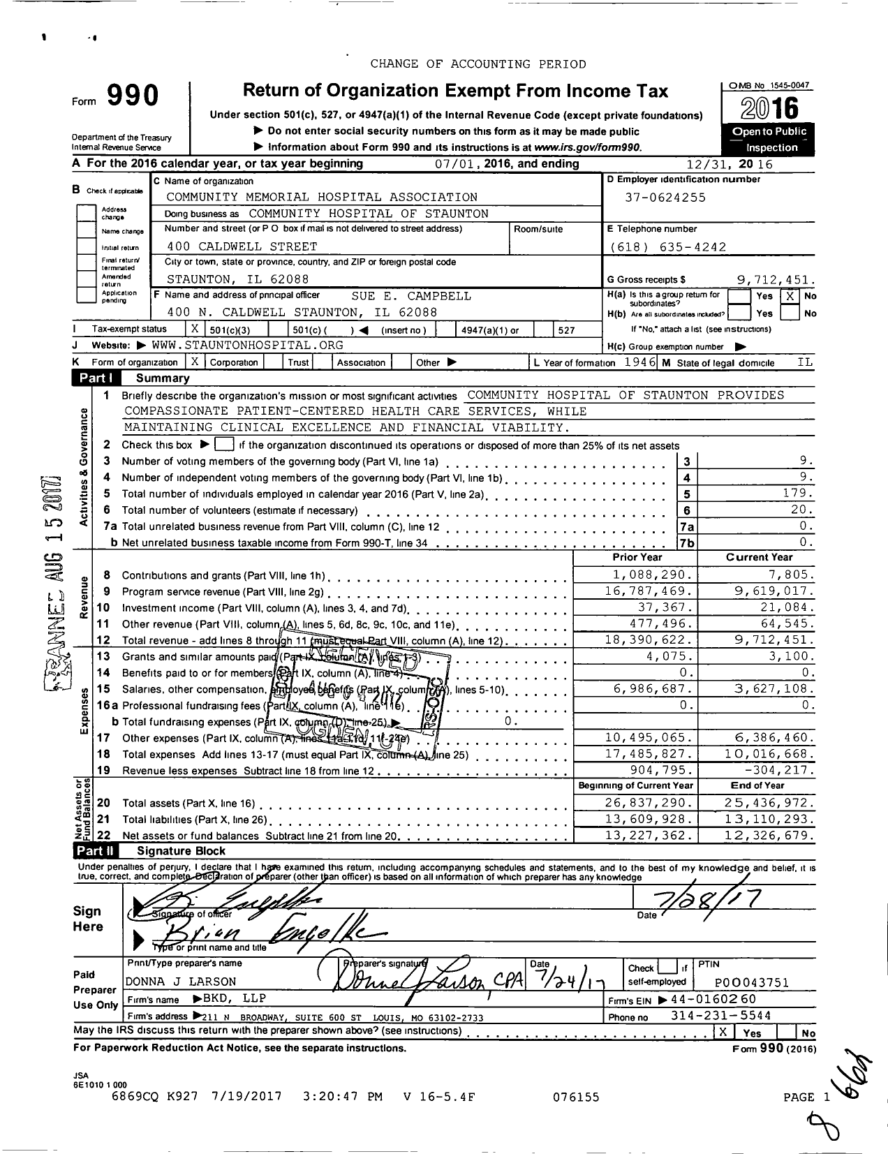 Image of first page of 2016 Form 990 for Community Hospital of Staunton