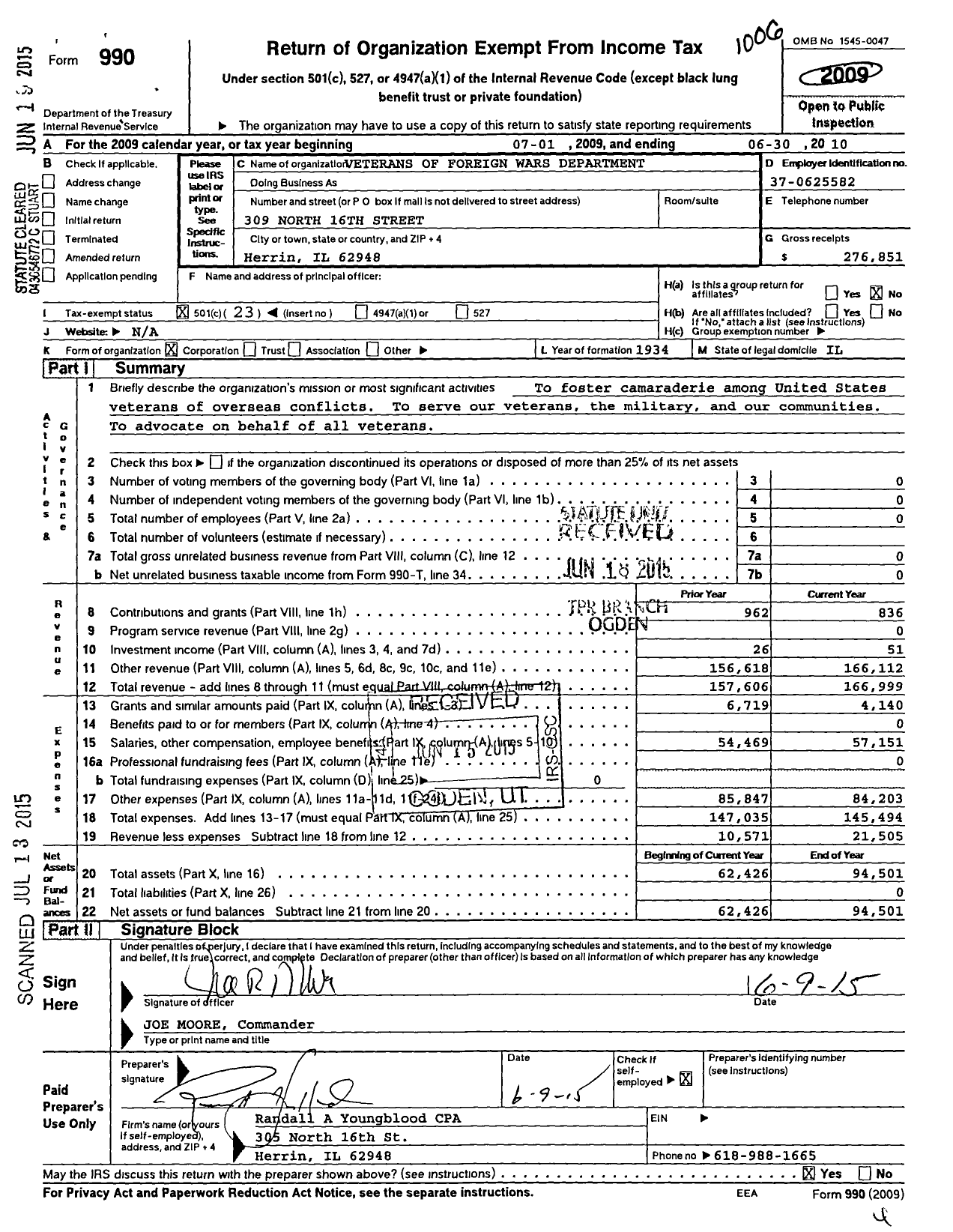 Image of first page of 2009 Form 990O for Veterans of Foreign Wars Department