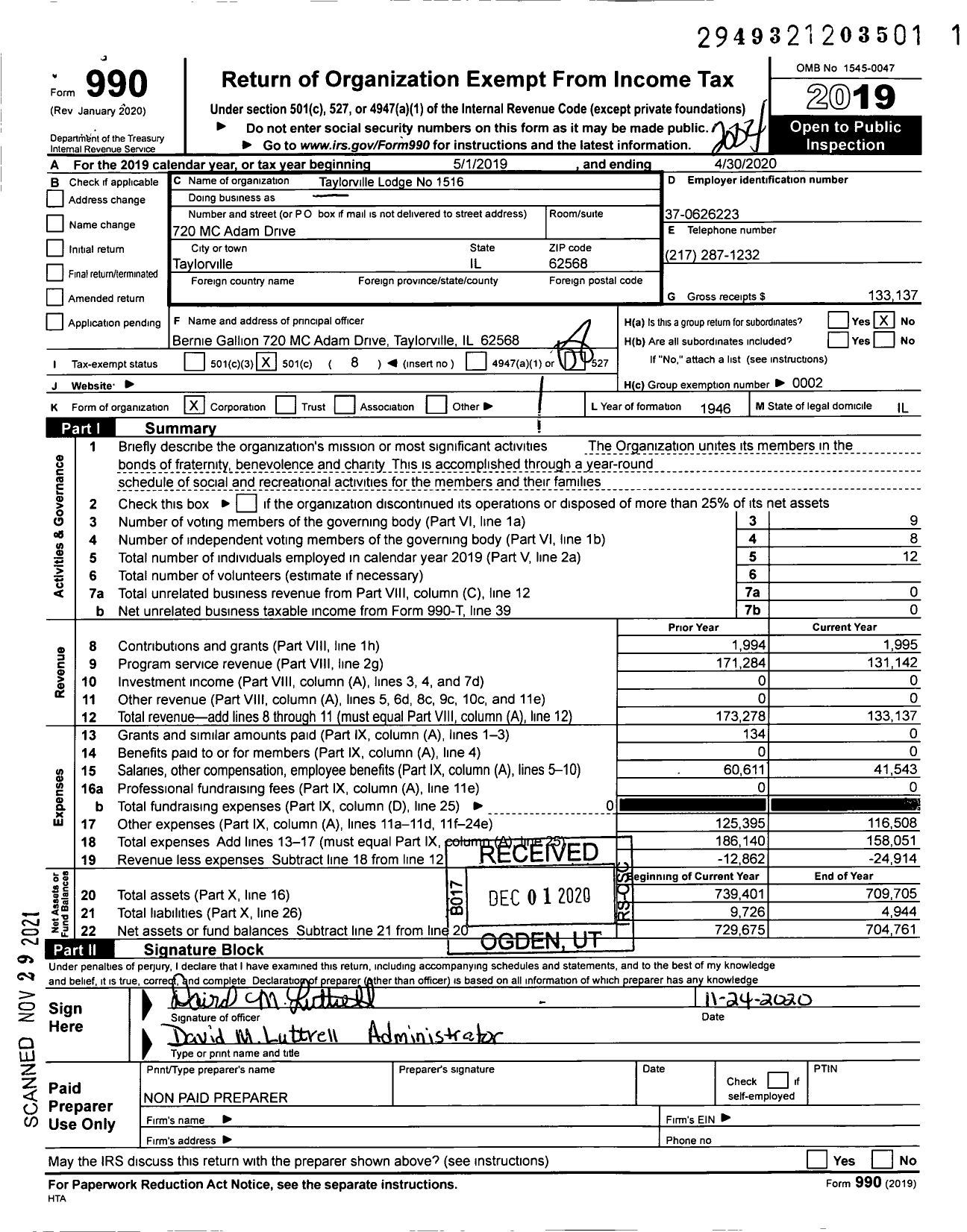 Image of first page of 2019 Form 990O for Loyal Order of Moose - 1516