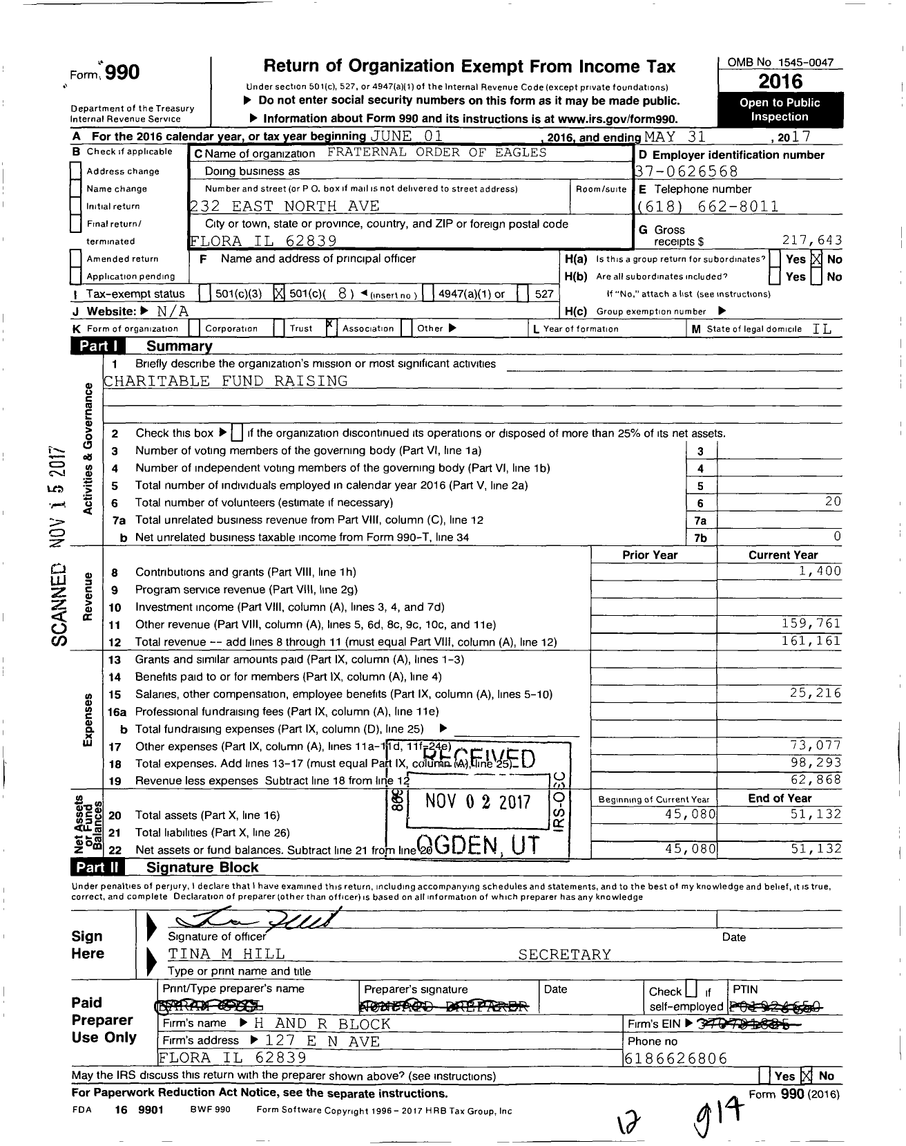 Image of first page of 2016 Form 990O for Fraternal Order of Eagles 2494