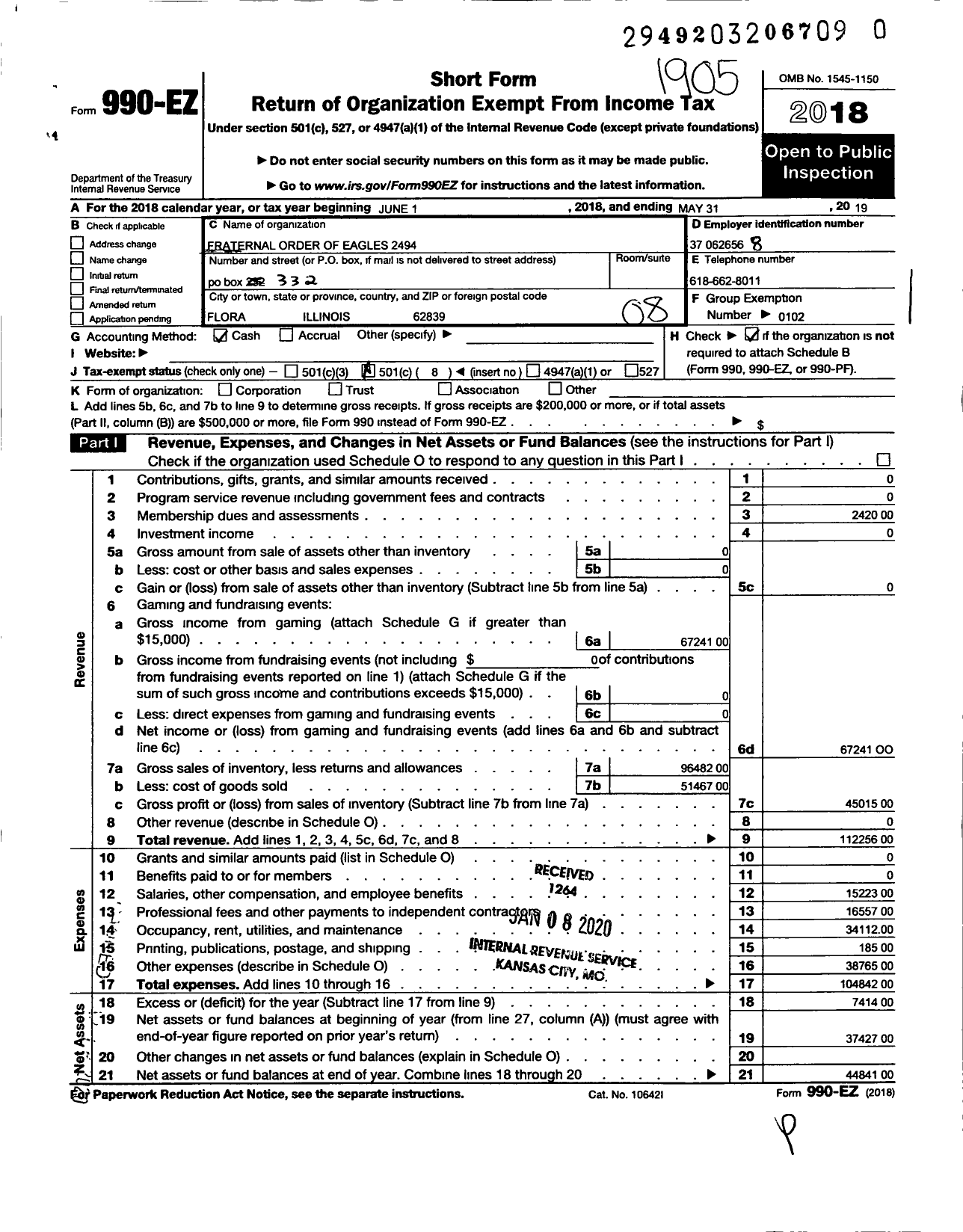 Image of first page of 2018 Form 990EO for Fraternal Order of Eagles 2494