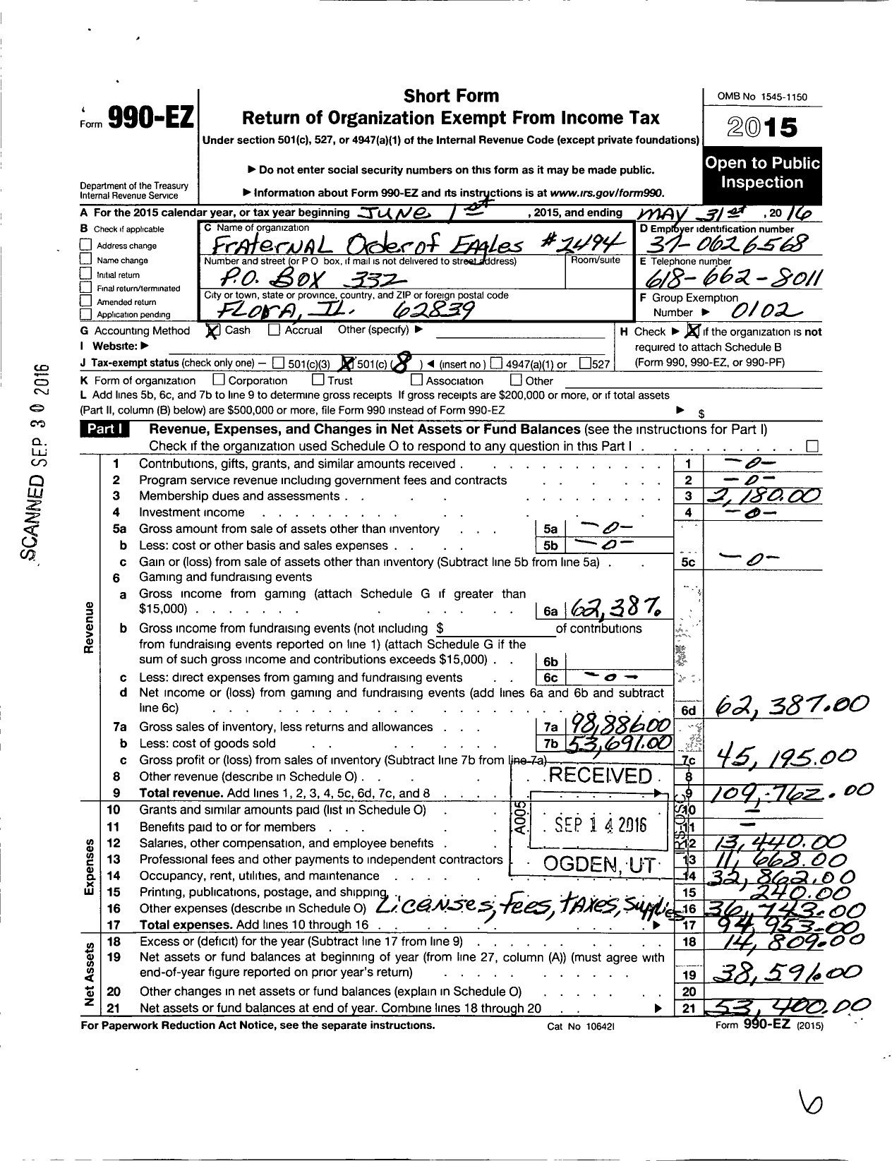 Image of first page of 2015 Form 990EO for Fraternal Order of Eagles 2494