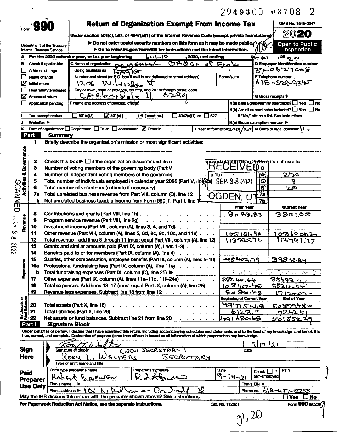 Image of first page of 2019 Form 990O for Fraternal Order of Eagles - Eagles 2569