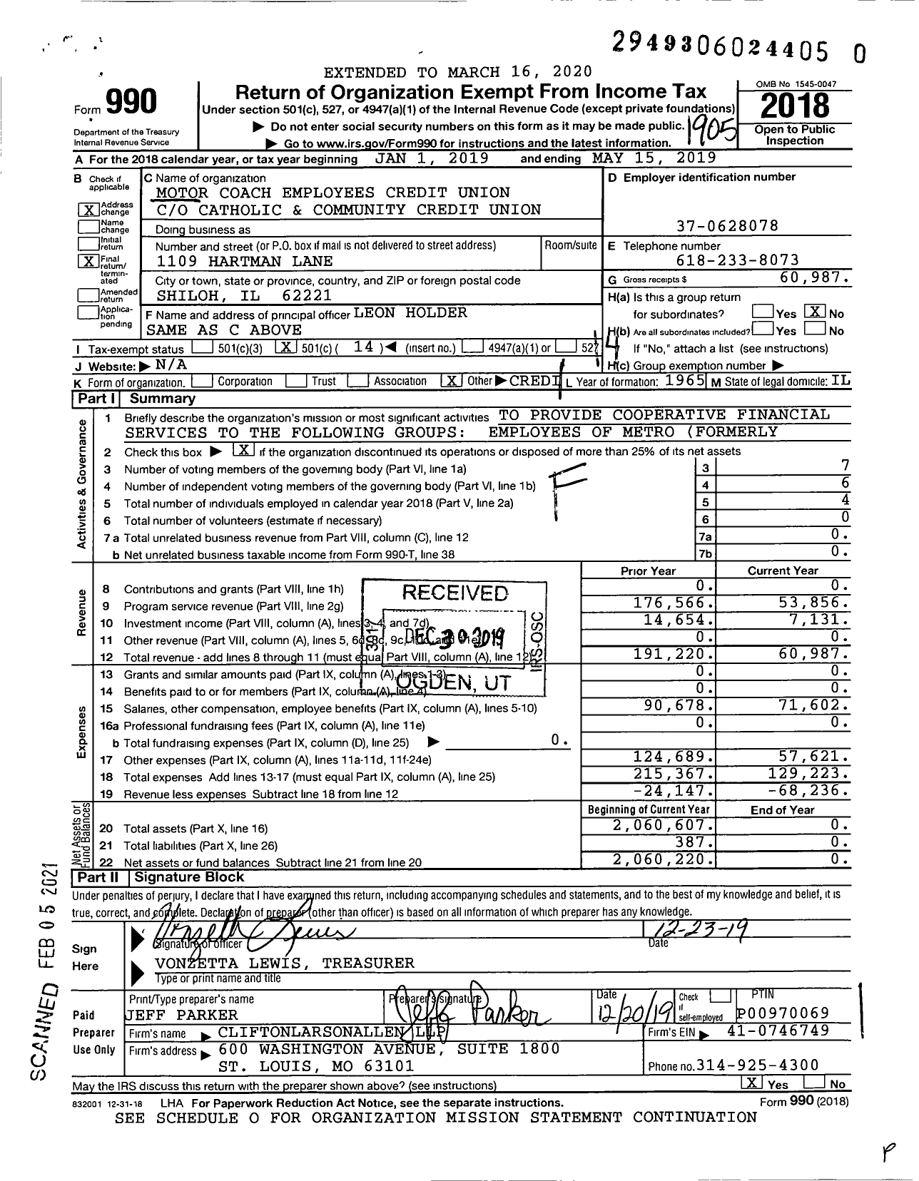 Image of first page of 2018 Form 990O for Motor Coach Employees Credit Union