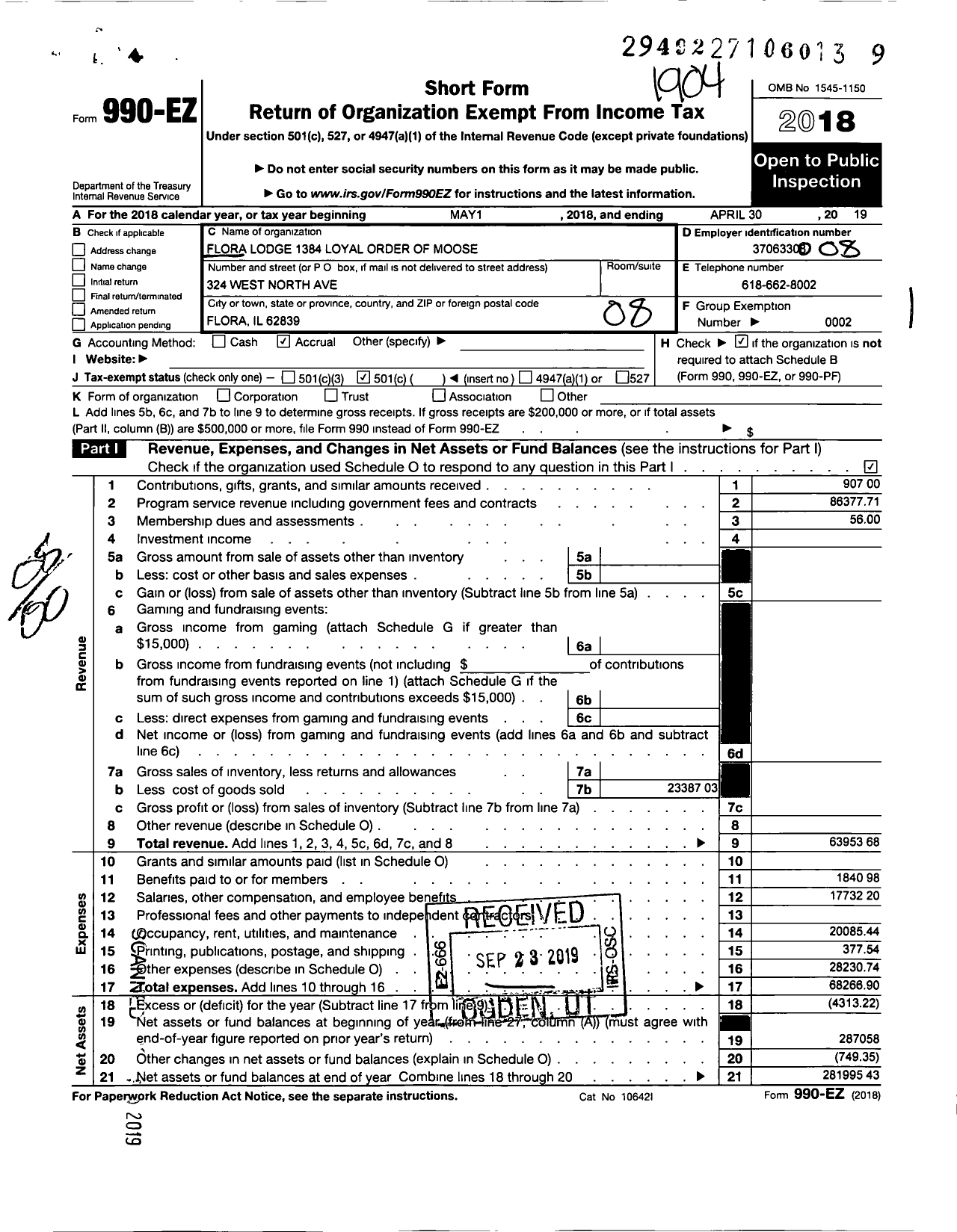 Image of first page of 2018 Form 990EO for Loyal Order of Moose - 1384