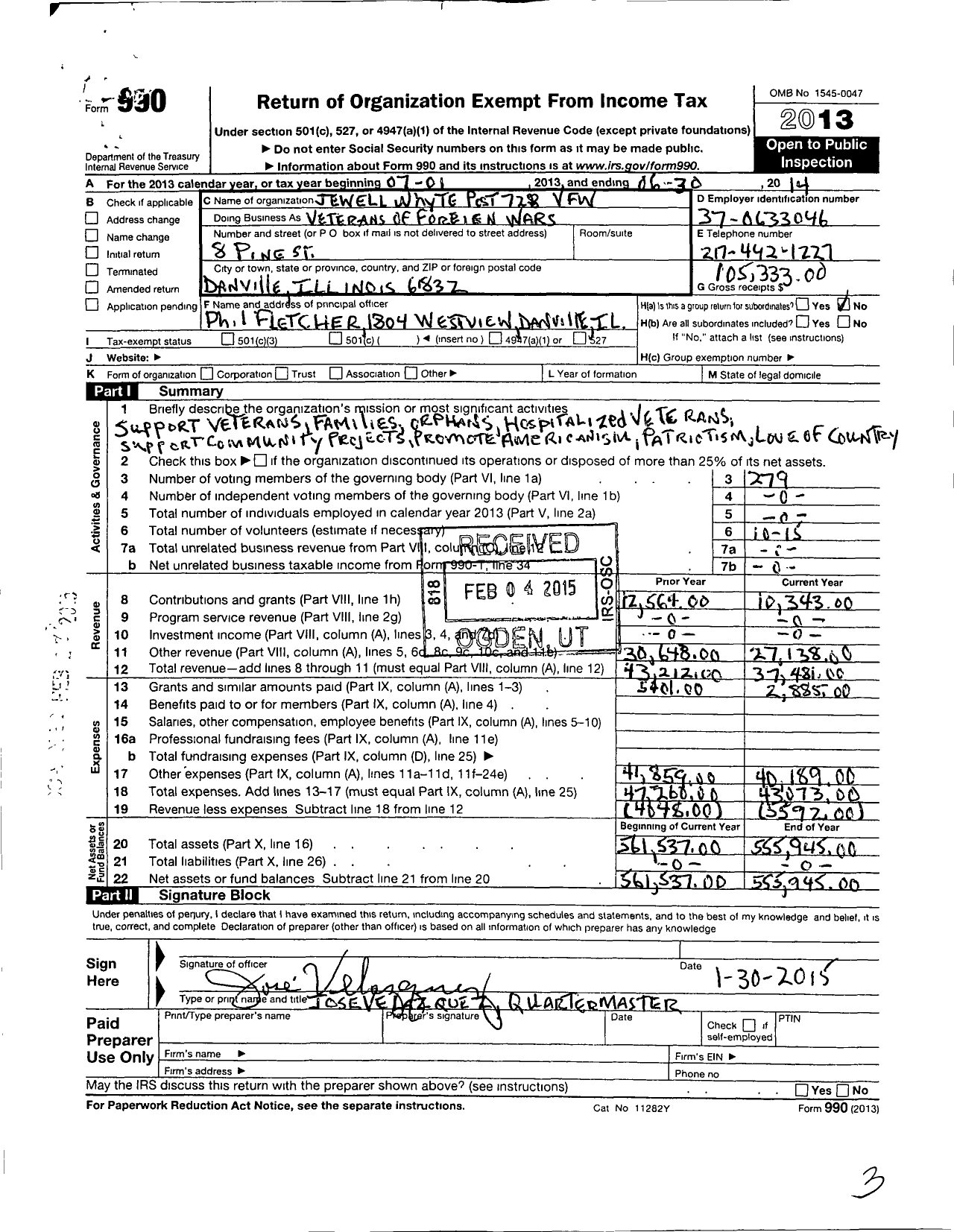 Image of first page of 2013 Form 990O for VFW Dept of Illinois - 728 Jewell Whyte Post